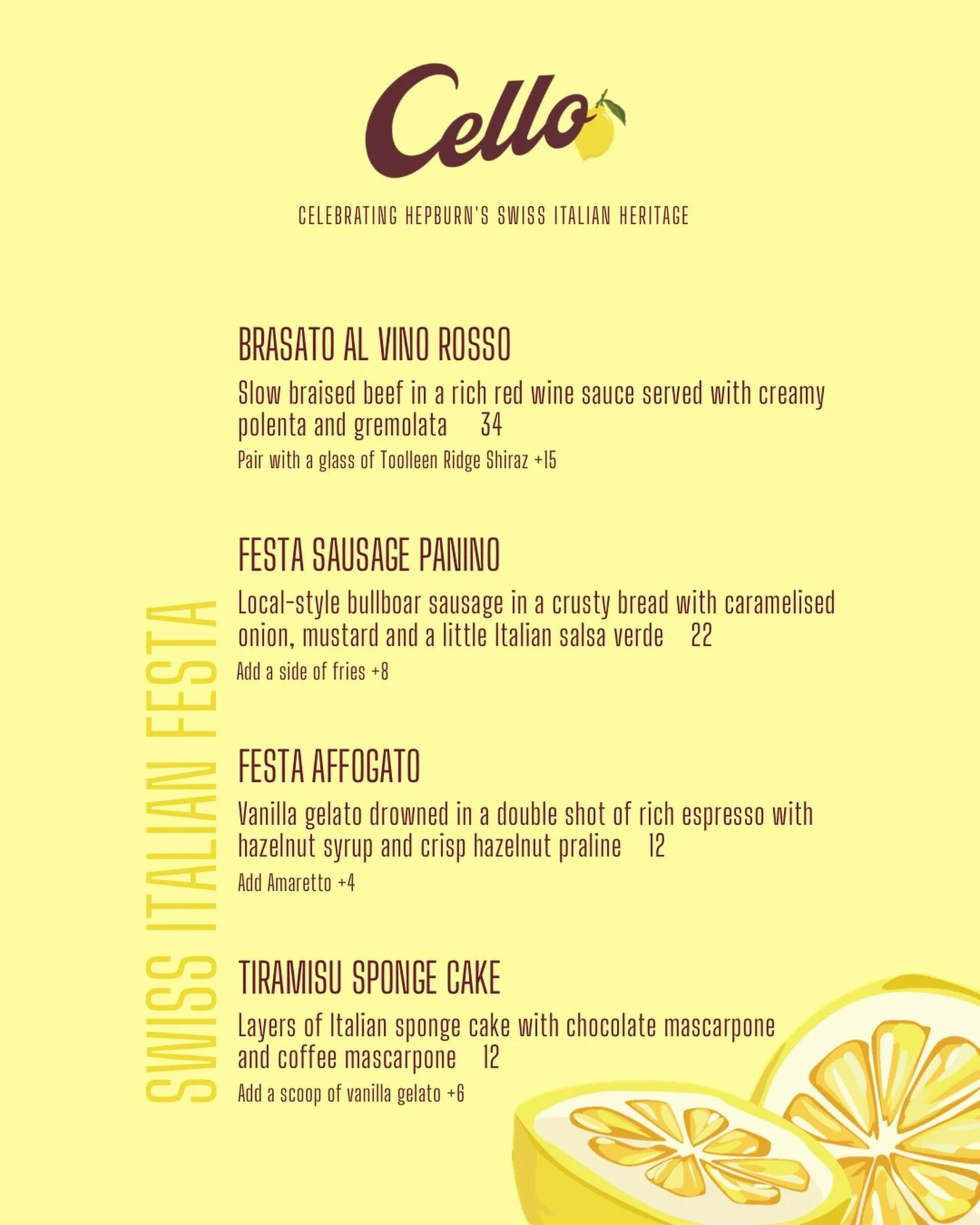 🇮🇹 A little taste of Italy in Hepburn Springs! 🍋

We&rsquo;re celebrating our town&rsquo;s rich Swiss Italian heritage alongside @swissitalianfesta with a handful of dishes inspired by the flavours and traditions of the region.

Hearty, comforting