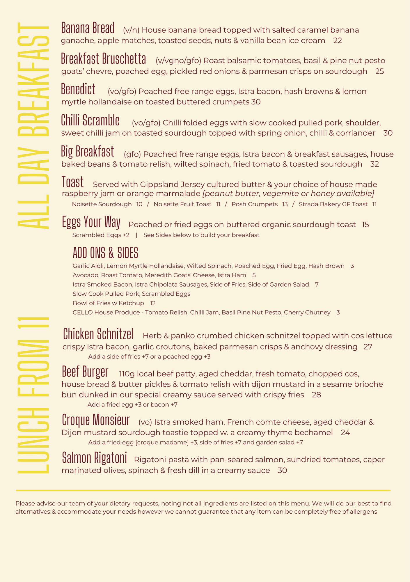 A menu with breakfast options, including Banana Bread, Breakfast Bruschetta, Benedict, Chilli Scramble, Big Breakfast, Eggs Your Way, Chicken Schnitzel, Beef Burger, Croque Monsieur, and Salmon Rigatoni, listed with ingredients and prices.