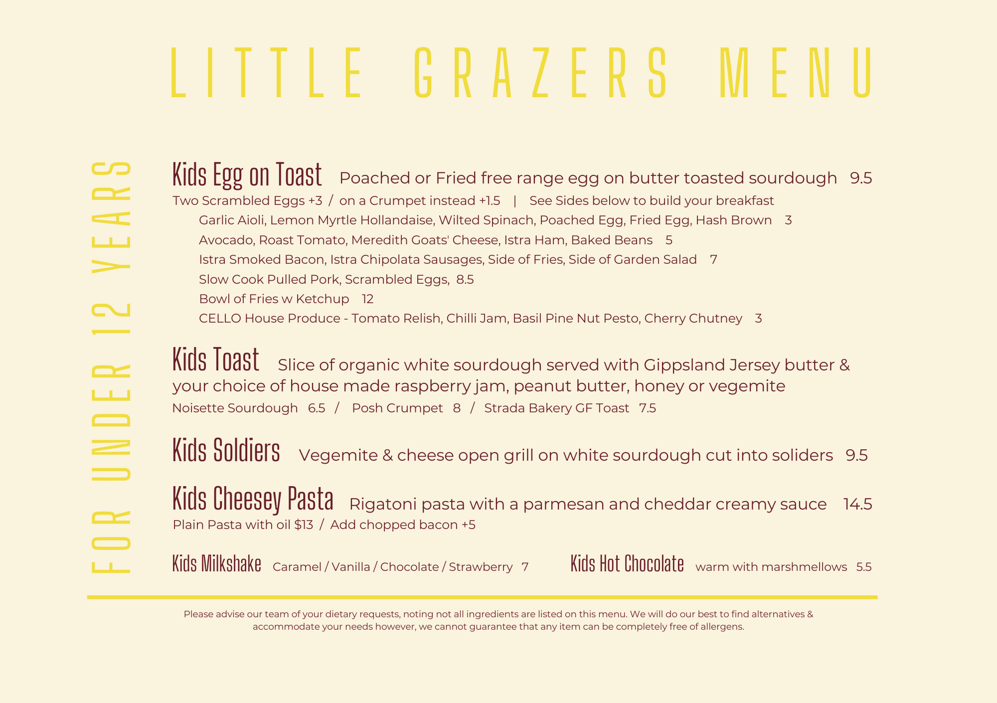 Part of a menu from Little Grazers restaurant showing breakfast items for kids, including Kids Egg on Toast, Kids Toast, Kids Cheesy Pasta, Kids Milkshake, and Kids Hot Chocolate.