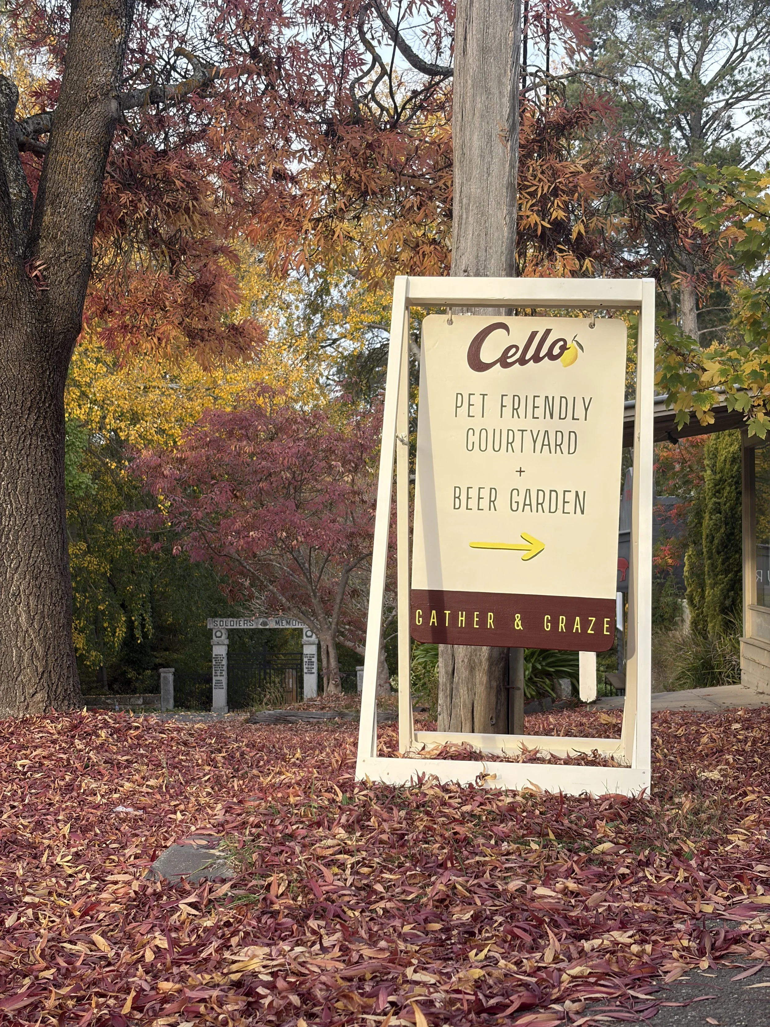 Sign reading 'Cello Pet Friendly Courtyard + Beer Garden' with an arrow, surrounded by trees with red and yellow leaves, fallen leaves on the ground, and a wooden post.