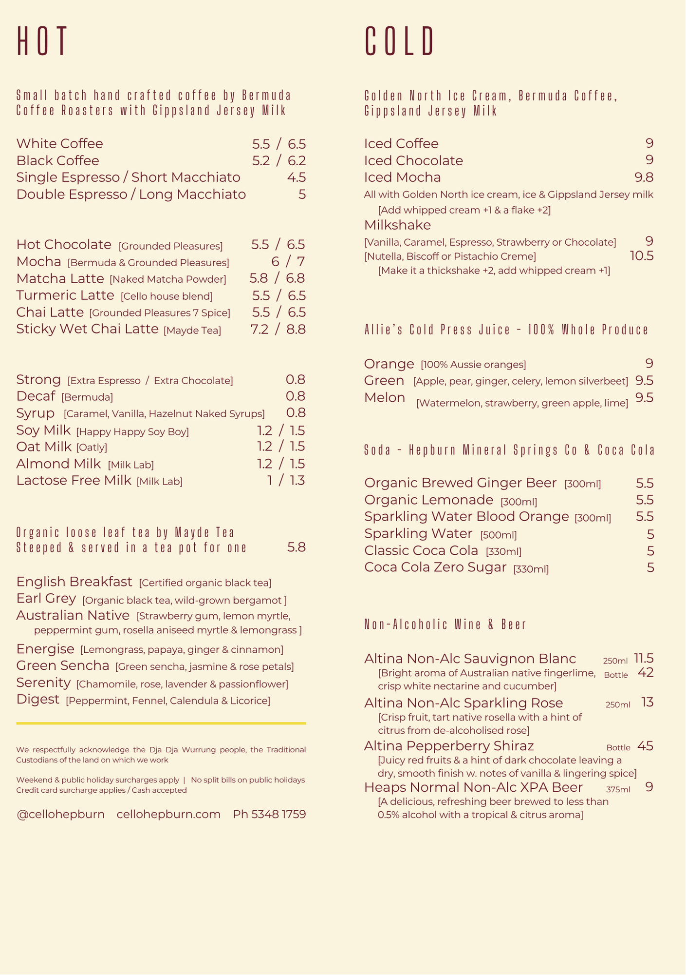 A menu divided into two sections labeled 'Hot' and 'Cold' listing various coffee, tea, juice, and beer options with their prices. Highlighting Bermuda Coffee, Gippsland Jersey milk, Mayde Tea, Allie's Cold Press, and Coca Cola
