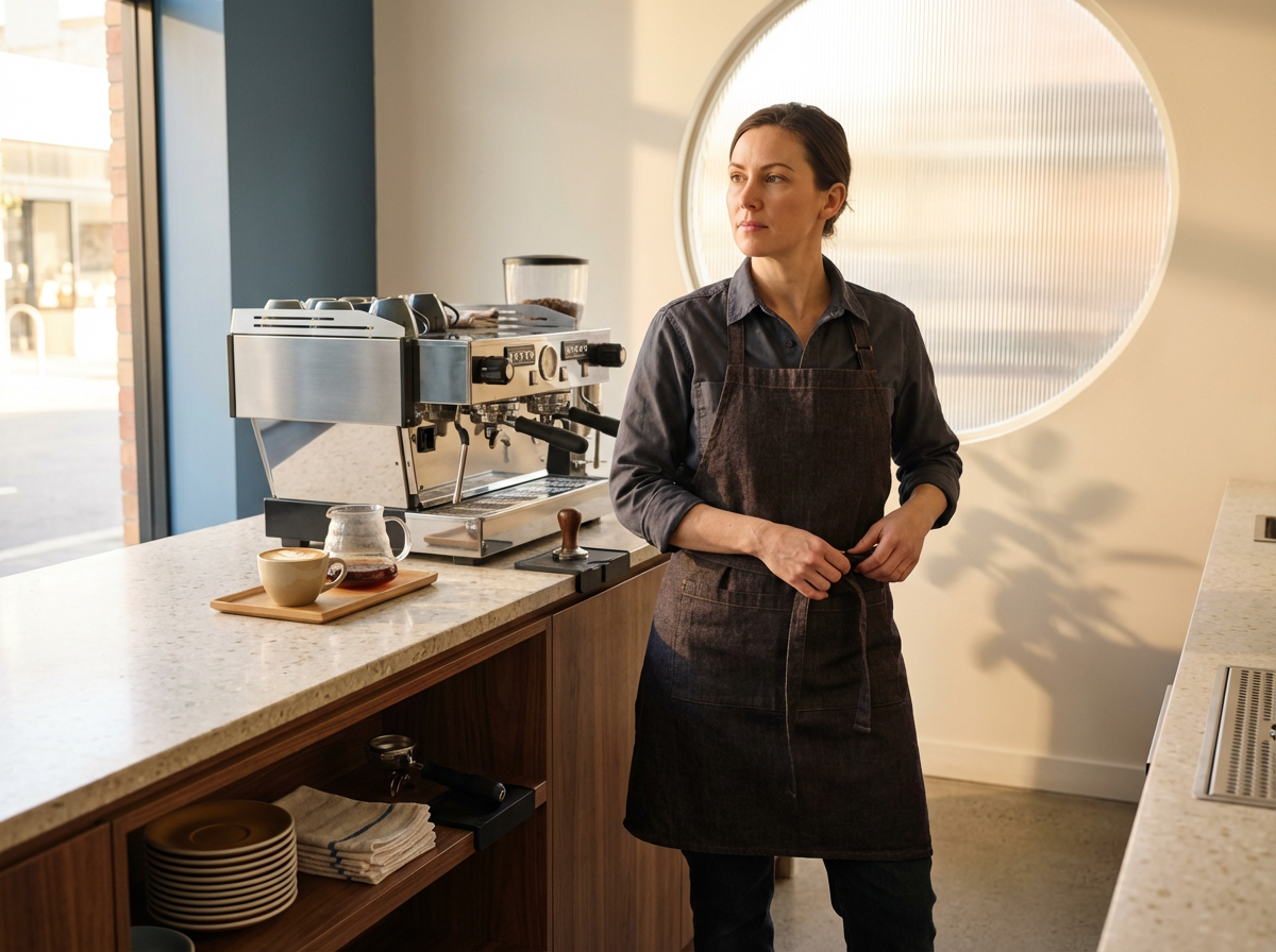 A woman stands in a coffee shop behind a counter with a professional espresso machine, a cup, and a jar of coffee beans, looking to the side.