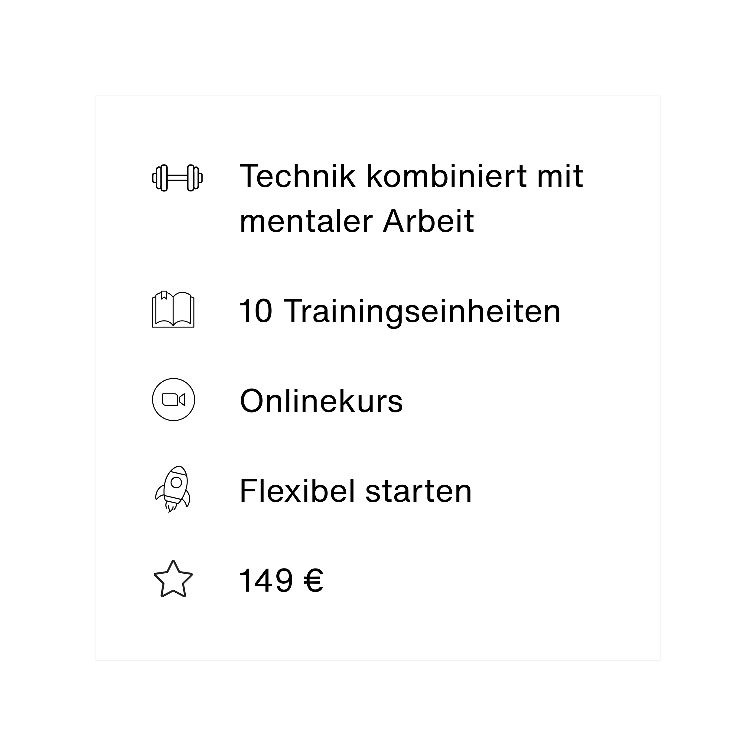 Ein Bild mit deutschem Text, das verschiedene Trainingsmöglichkeiten und deren Preise auflistet, inklusive Symbolen für Fitness, Onlinekurs und Flexibilität.