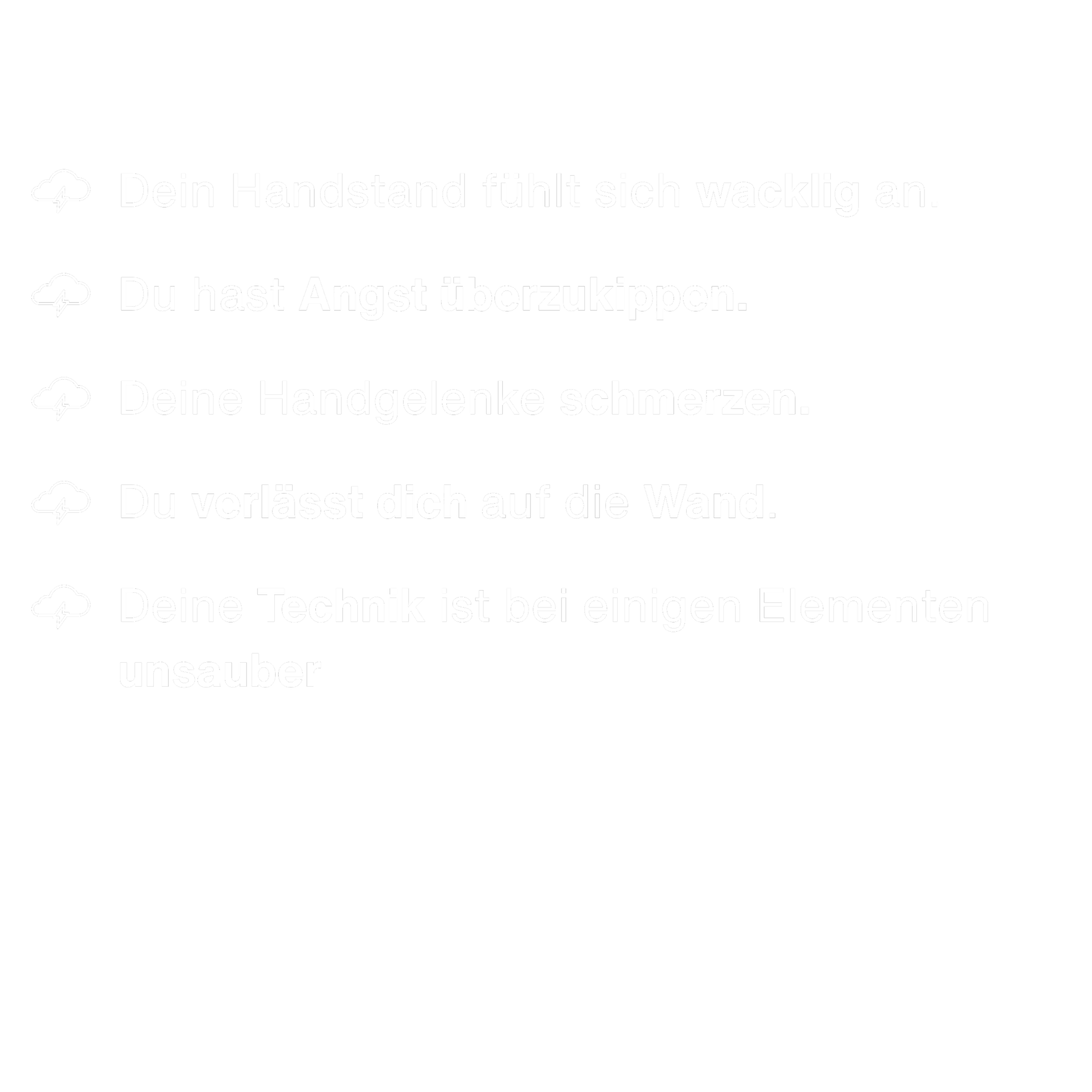 Schwarzer Hintergrund mit weißen Texten und Wolken-Ikonen, die allesamt Warnhinweise oder Hinweise auf das Verhalten bei schlechtem Wetter sind, in deutscher Sprache