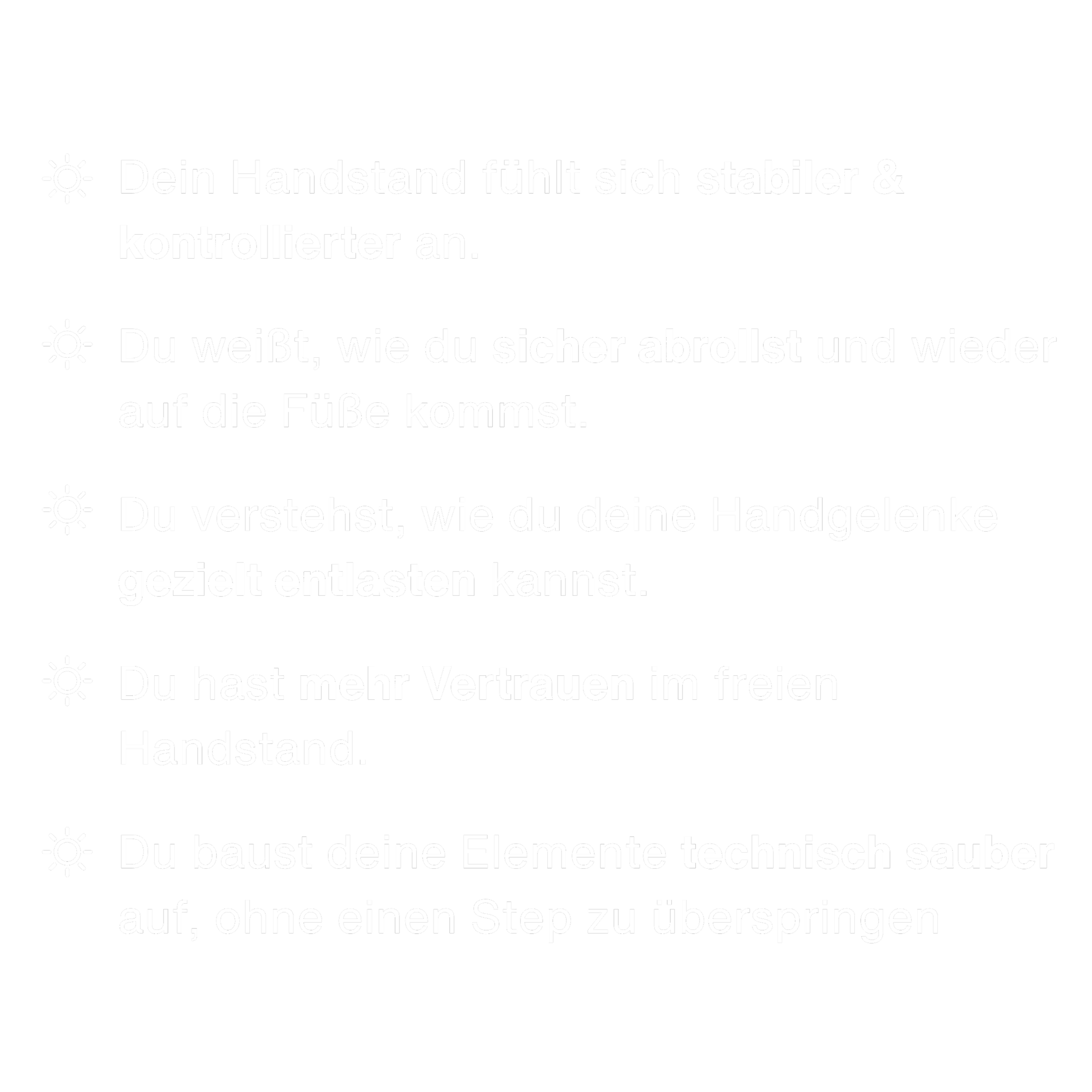 Der Bildschirm zeigt eine Reihe von technischen Anweisungen zum Reinigen und Warten einer Hand. Es wird beschrieben, dass die Hand stabil und kontrolliert gehalten werden sollte, um Verletzungen zu vermeiden, und dass die Finger gezielt entlastet werden können, indem man den Handstand ohne Schritte überquert.