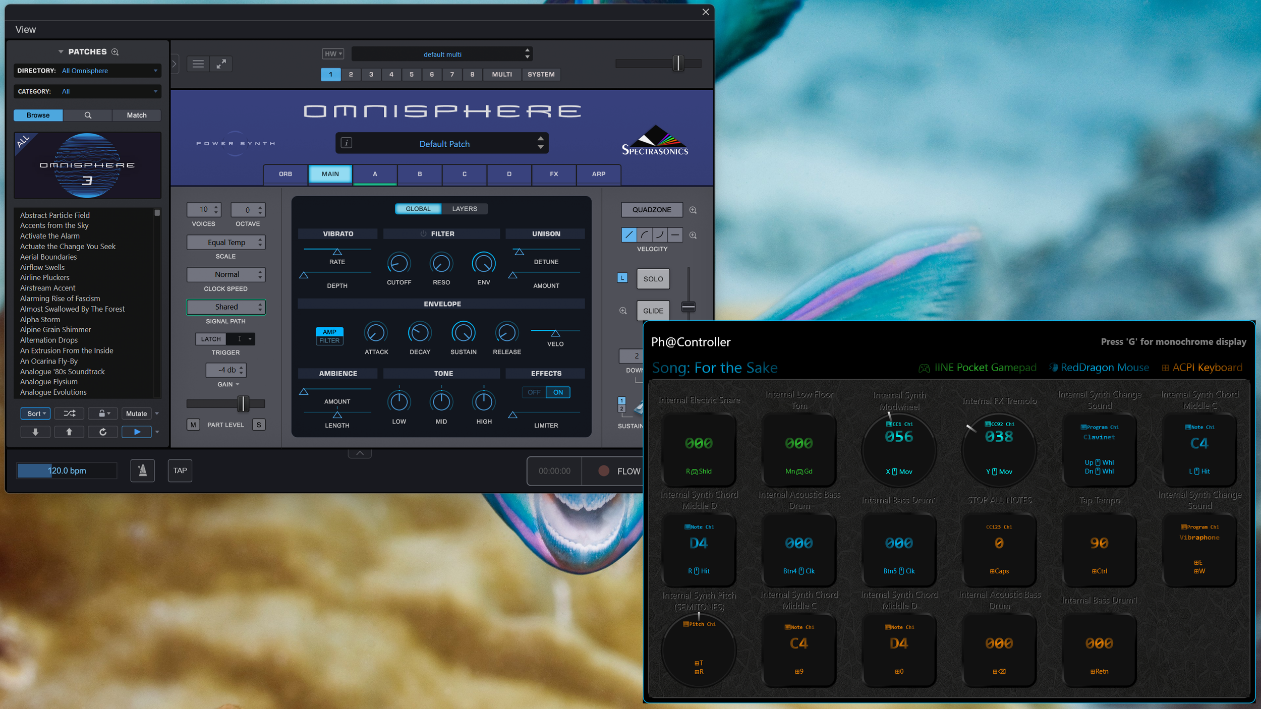 Screenshot of music production software interface with various options and controls, including a section labeled 'OMNISPHERE' by Spectrasonics and a smaller window titled 'Song: For the Sake' showing a digital keyboard and sound settings.