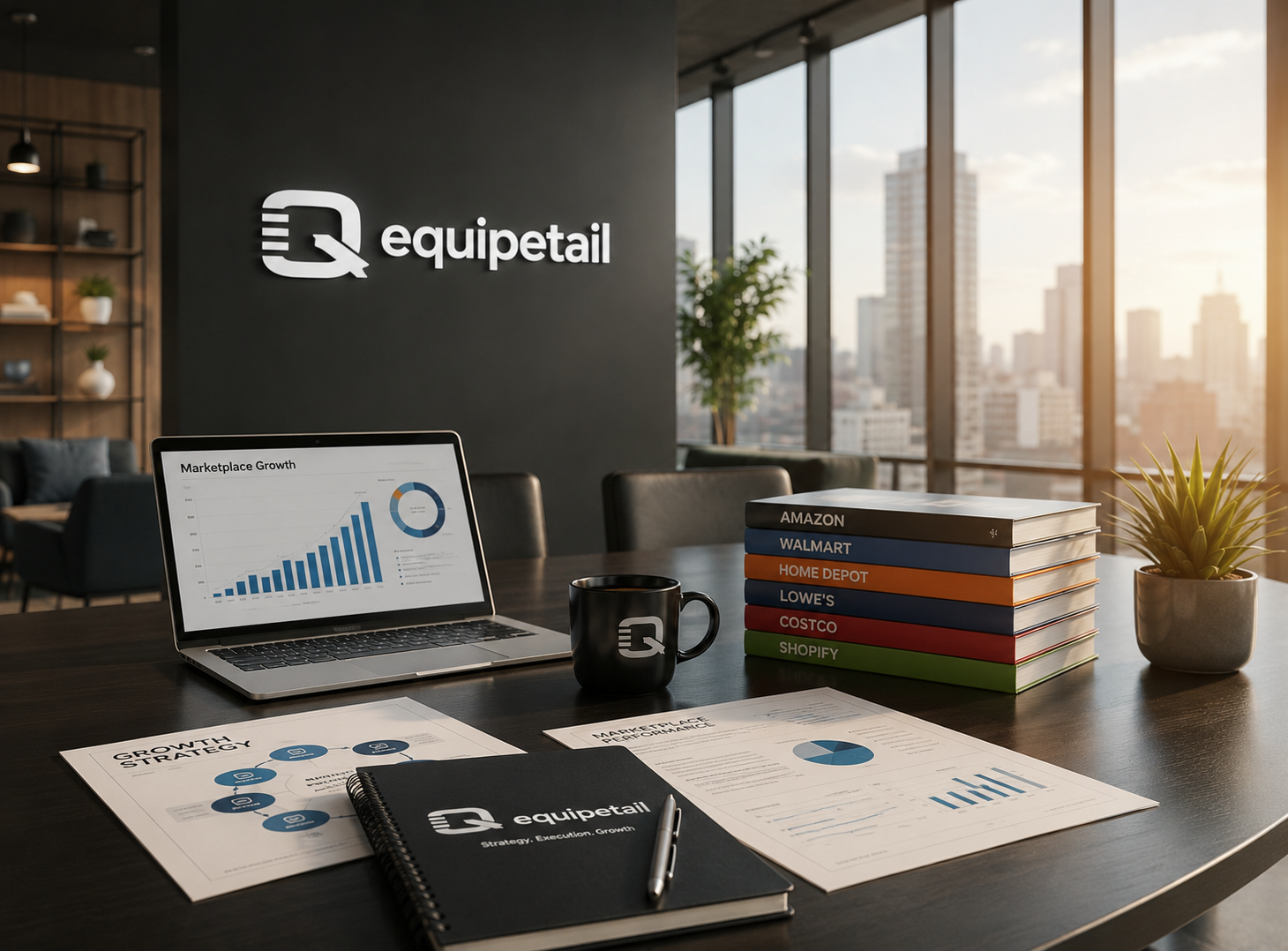Office setting with a computer displaying a growth chart, national retail accounts we focus on growth, Home Depot, Lowe's, Amazon, Walmart, Costco and other mass market marketplaces.