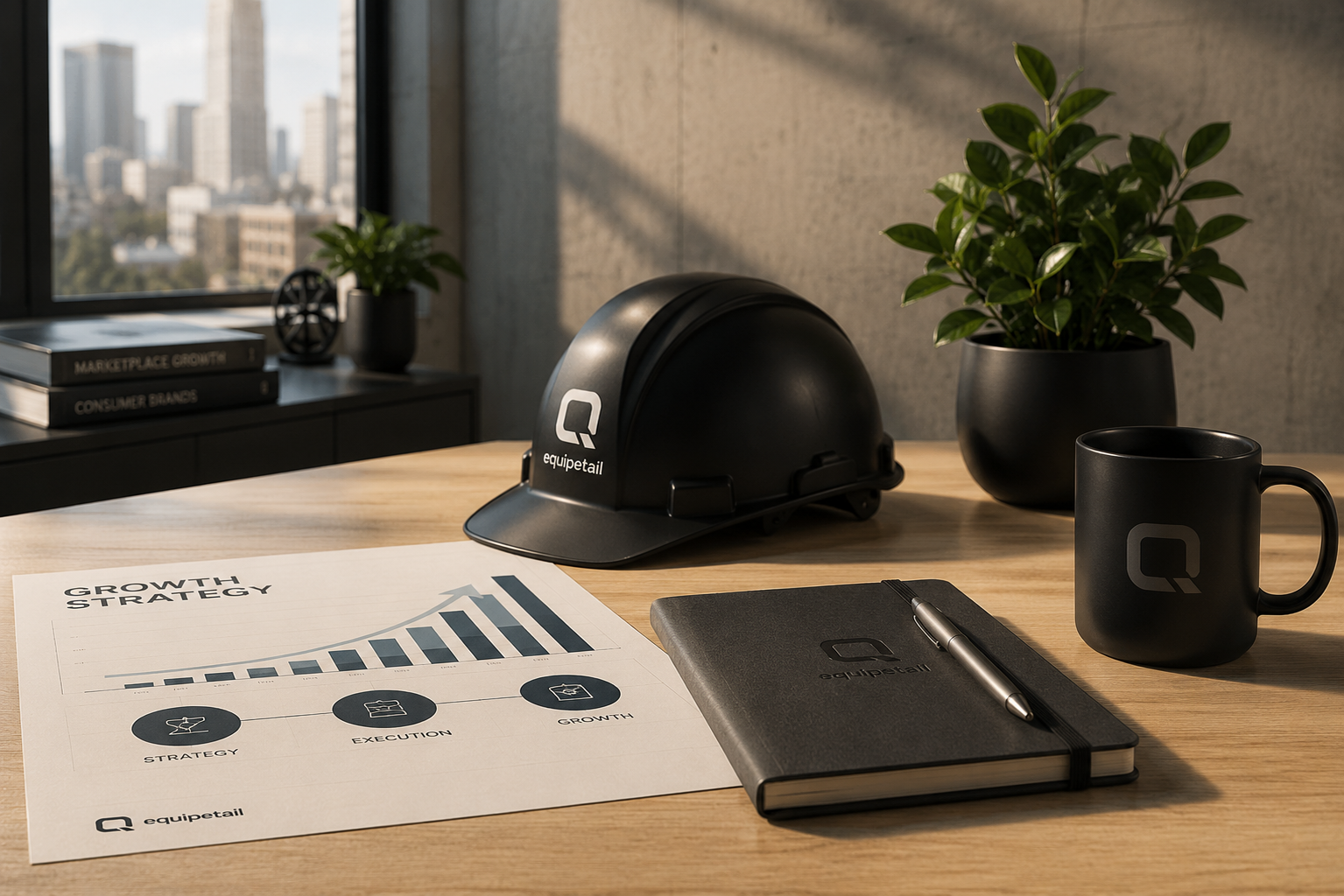 Office desk with a growth strategy chart, a black equipetail helmet and notebook with a pen.