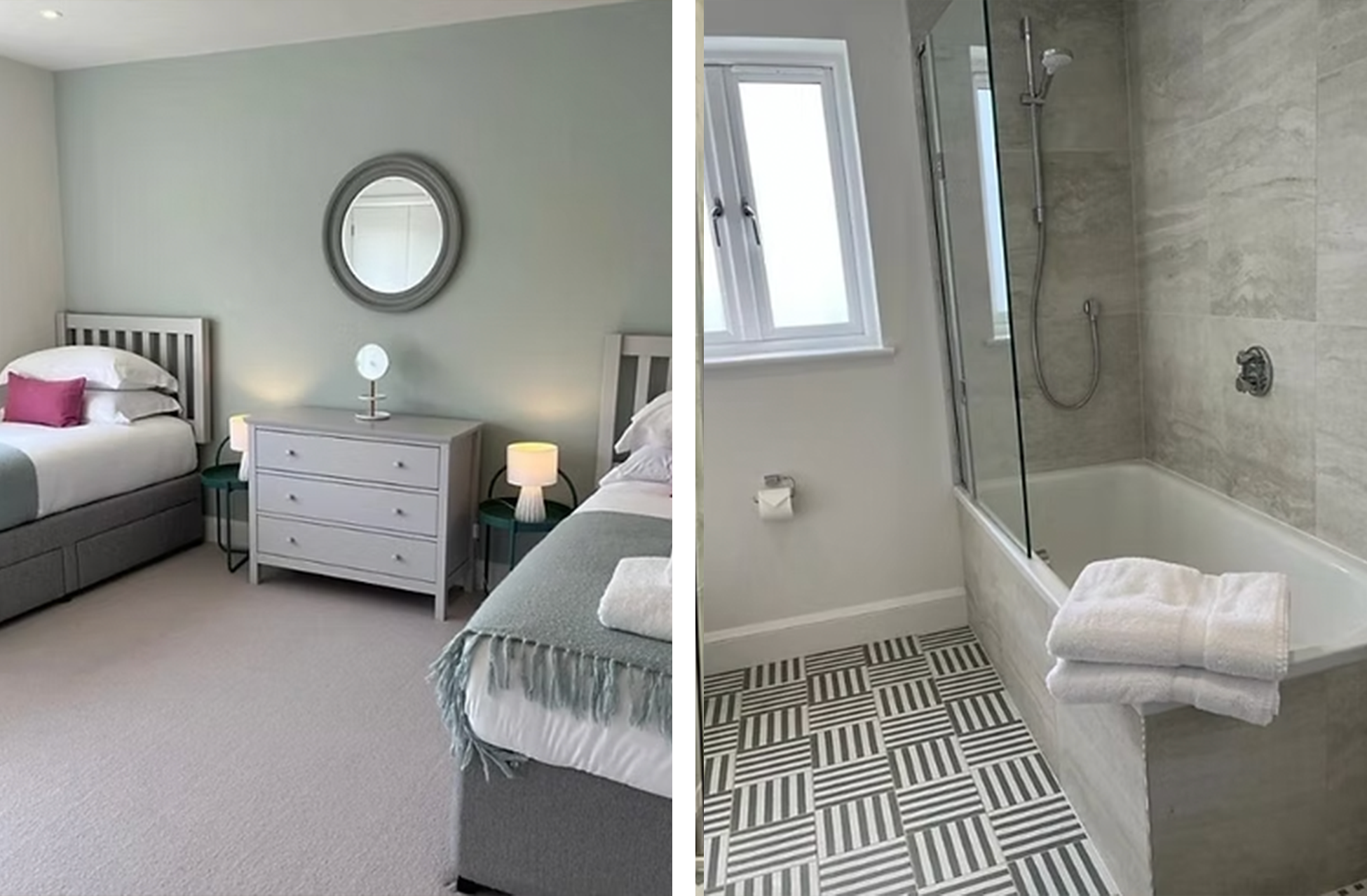 A split view of a bedroom and a bathroom. The bedroom has two twin beds with white bedding and pink accent pillows, a white dresser with a small table lamp, and a mirror on the wall. The bathroom has a shower with a glass door, a window, a towel rack with white towels, and a patterned tile floor.