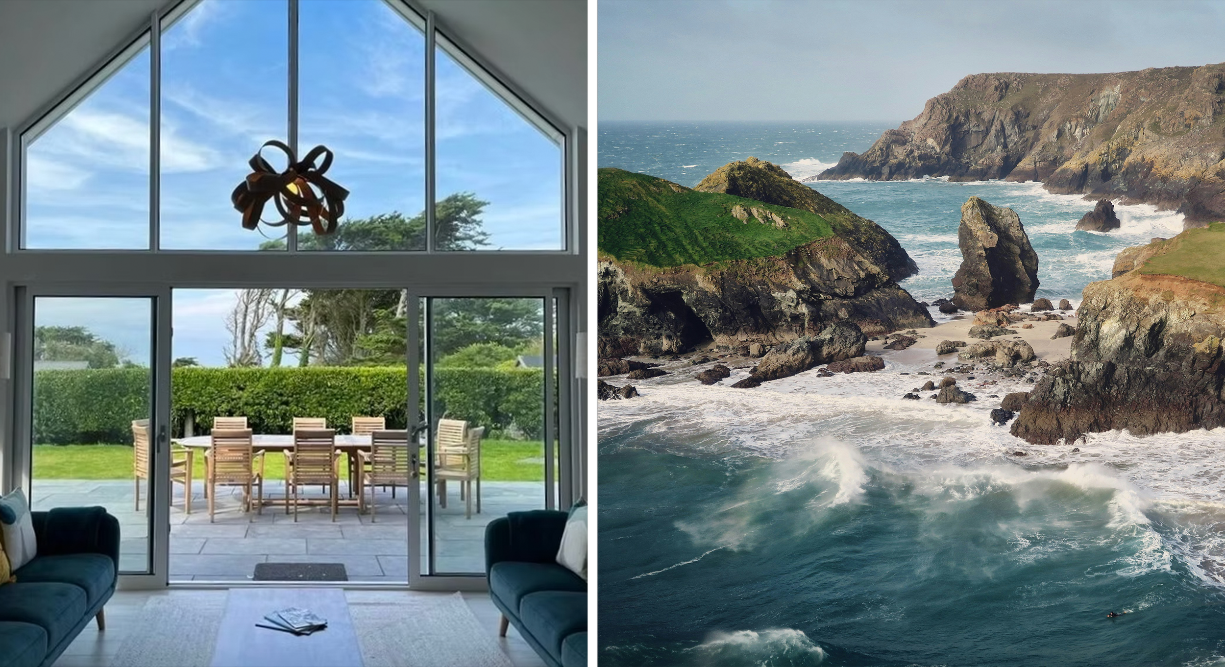 A split image showing the view from a house window on the left and a rugged coastal landscape on the right. The left side features a large, triangular window with a decorative hanging and an outdoor dining table with chairs, surrounded by lush green bushes. The right side depicts a rocky shoreline with steep cliffs, waves crashing against rocks, and the ocean under a cloudy sky.