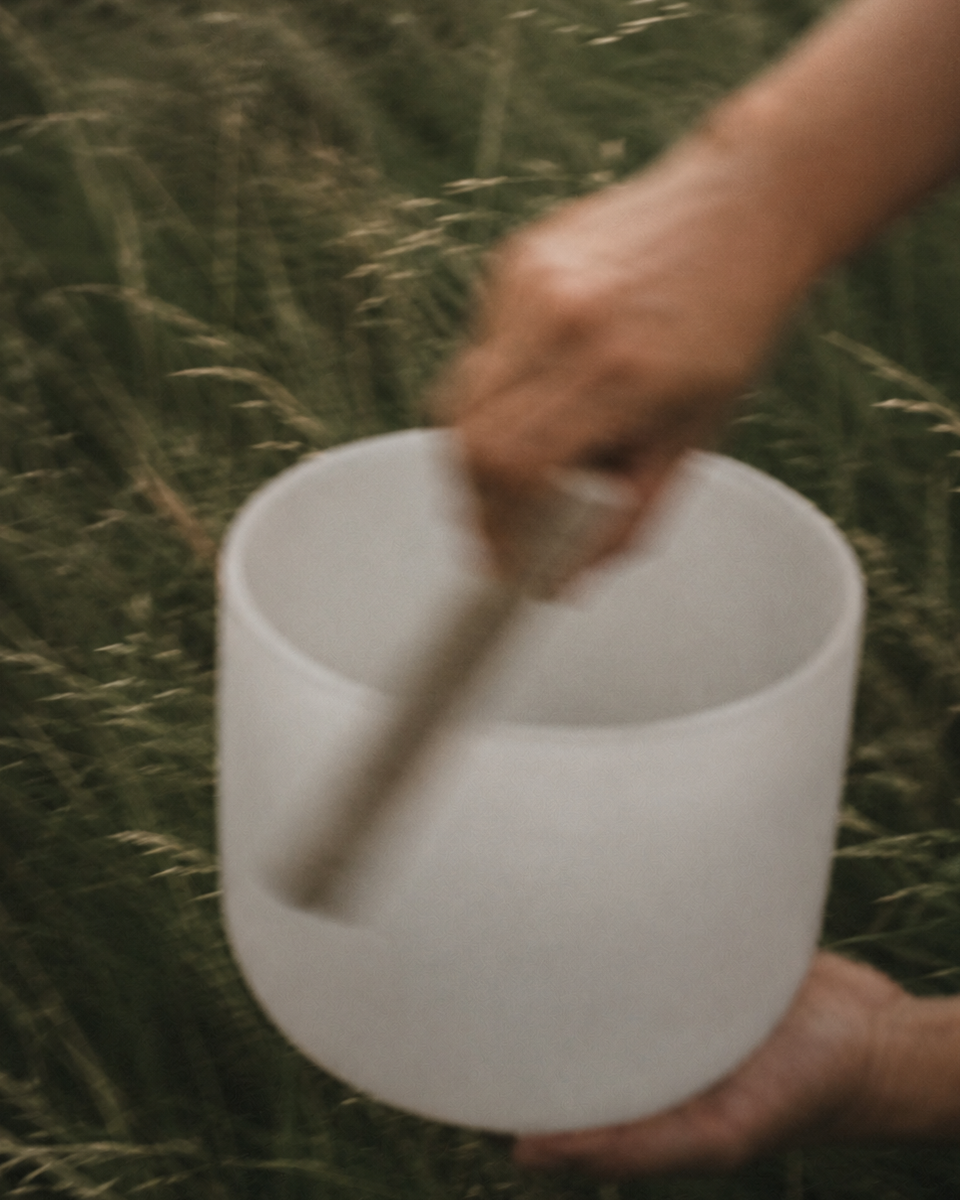 Blurred image of a hand holding a mallet, hitting a white ceramic object in a field with tall grass.