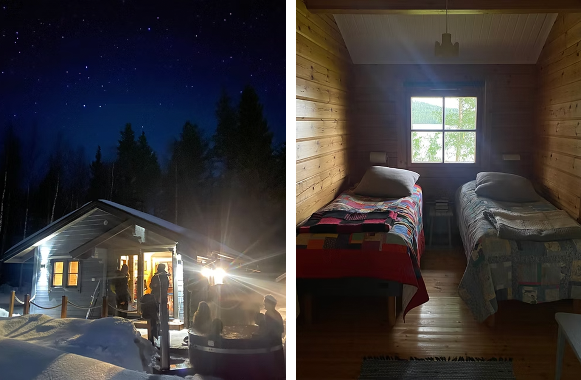 A split image showing a nighttime scene outside a house with snow and trees, and the interior of a wooden cabin bedroom with two beds and a window showing greenery outside.