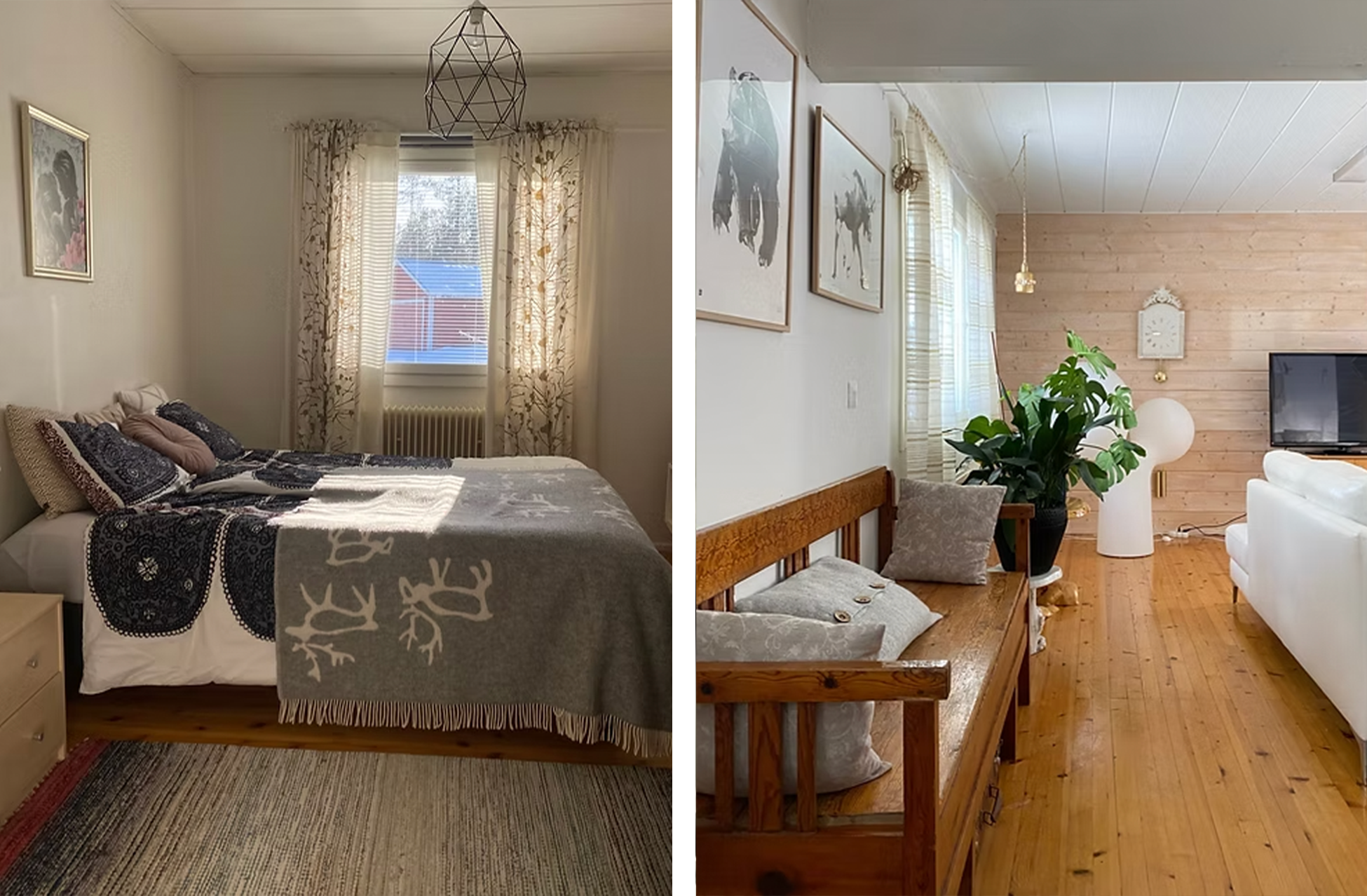 Split image showing two different interior rooms: the left side depicts a bedroom with a bed, window with floral curtains, and a geometric pendant light; the right side shows a living room with a wooden wall, framed art, a large plant, a clock, and a television.