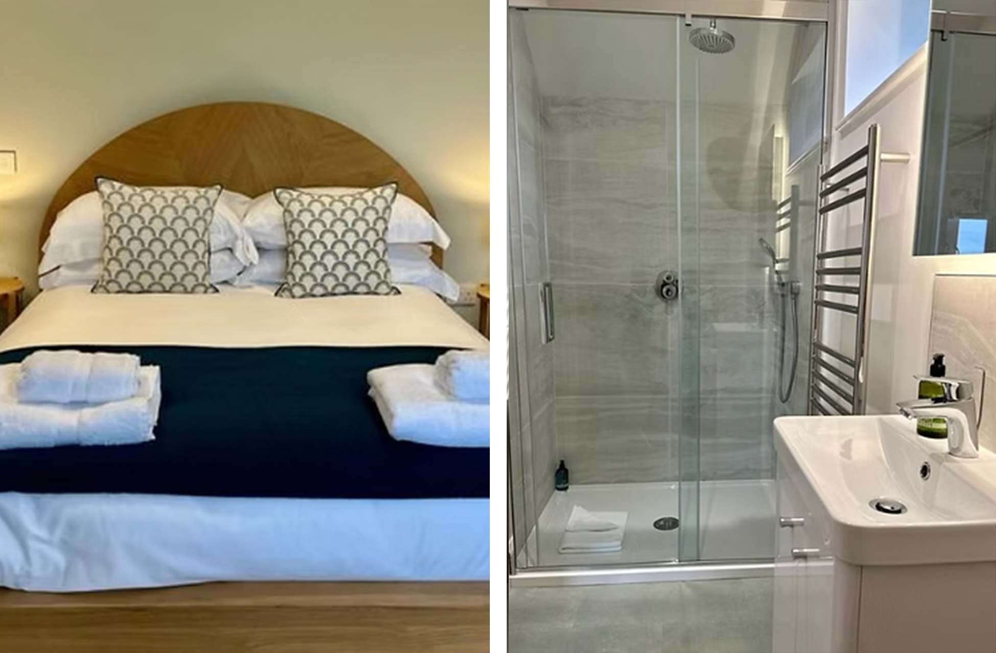 A split image showing a bedroom on the left with a bed, pillows, bedside tables, and towels, and a bathroom on the right with a shower, sink, and heated towel rack.