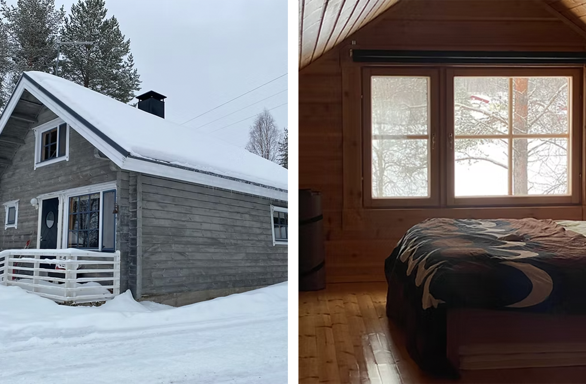 A split image showing the exterior and interior of a house. The exterior has a snow-covered roof, trees, and a white fence. The interior shows a bedroom with large windows, a bed with a patterned blanket, and wooden walls.