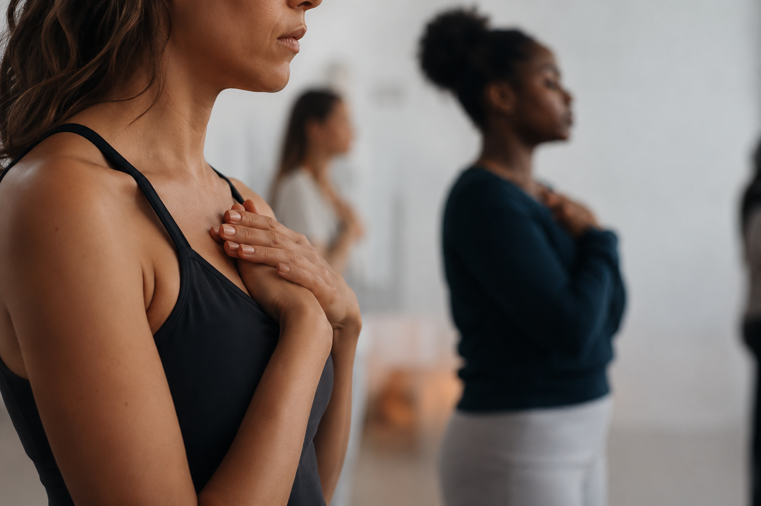 Women engaging in a guided meditation or yoga session with hands on their hearts, standing in a calm, indoor environment.
