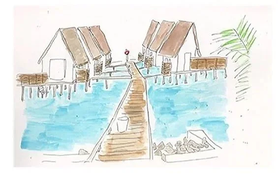 A watercolor painting of overwater bungalows with thatched roofs, a wooden pier leading to the bungalows, and turquoise water surrounding the scene. There is a small boat with rocks nearby and a green palm leaf in the background.