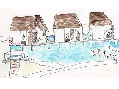 Waterfront scene with three overwater bungalows, each with thatched roofs, overlooking a blue body of water, with a sandy beach and wooden steps leading to the water.