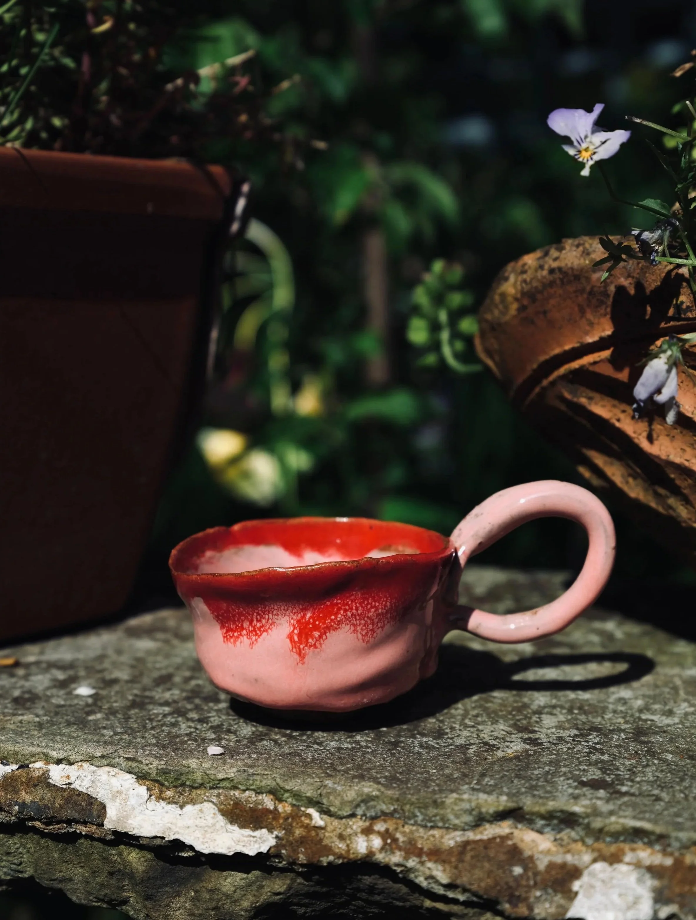 A pink ceramic teacup with a red marbled pattern and a curved handle sits on a rough stone surface. In the background, there are potted plants with dark green leaves and a small purple flower on a vine. The scene is outdoors, with natural light casting shadows.