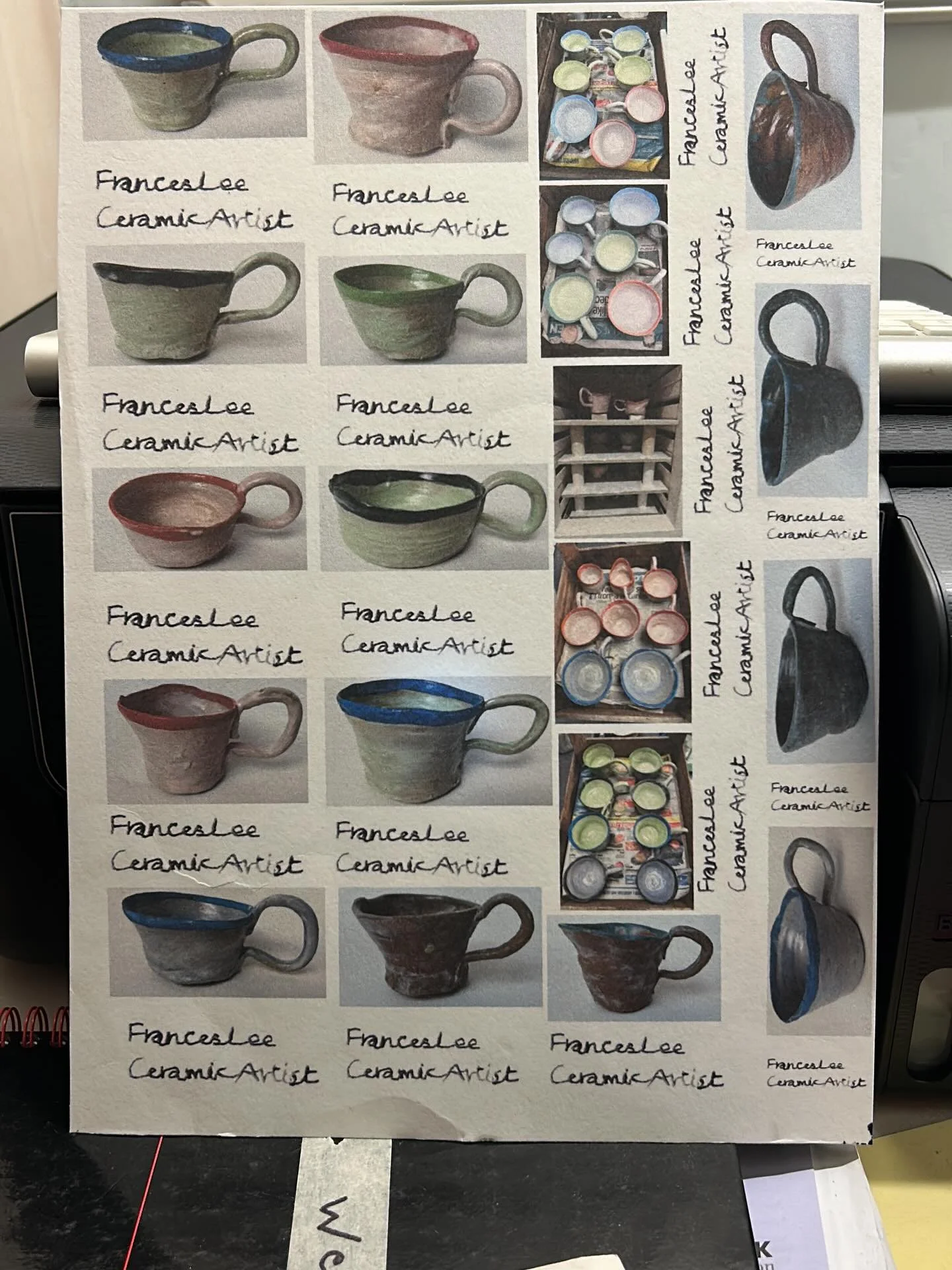A collage of photos of handmade ceramic coffee mugs in various colors and styles, with some photos of ceramic cups and saucers, and handwritten notes reading 'FrancesLee Ceramic Artist'.