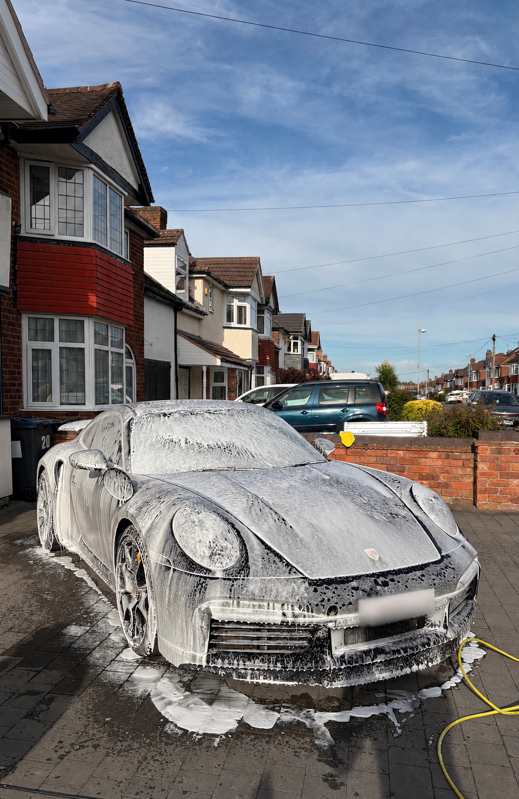 A silver sports car covered in soap with foam on it, being washed in a driveway of a residential neighborhood, with houses and parked cars in the background under a clear blue sky.