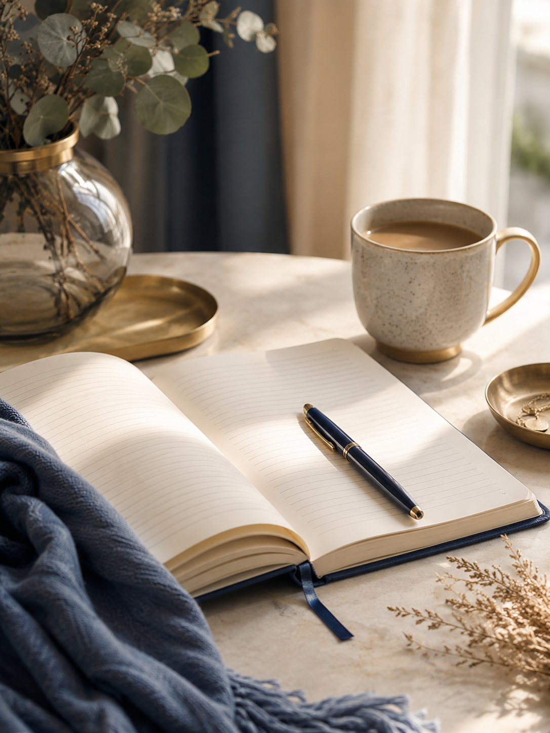 Open lined notebook with a pen, a blue scarf, a cup of coffee, a glass vase with dried flowers, a brass tray, and a small dish with jewelry on a marble table by a window.