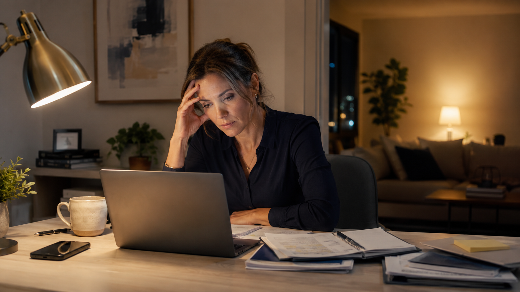 Overwhelmed entrepreneur working late at a cluttered desk.