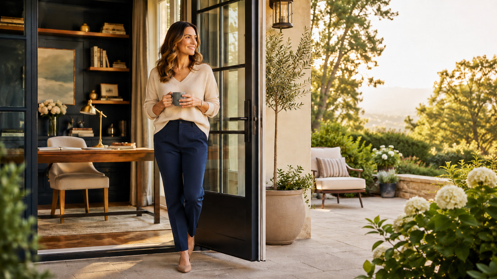 Woman standing in an open doorway, reflecting while looking toward a garden.