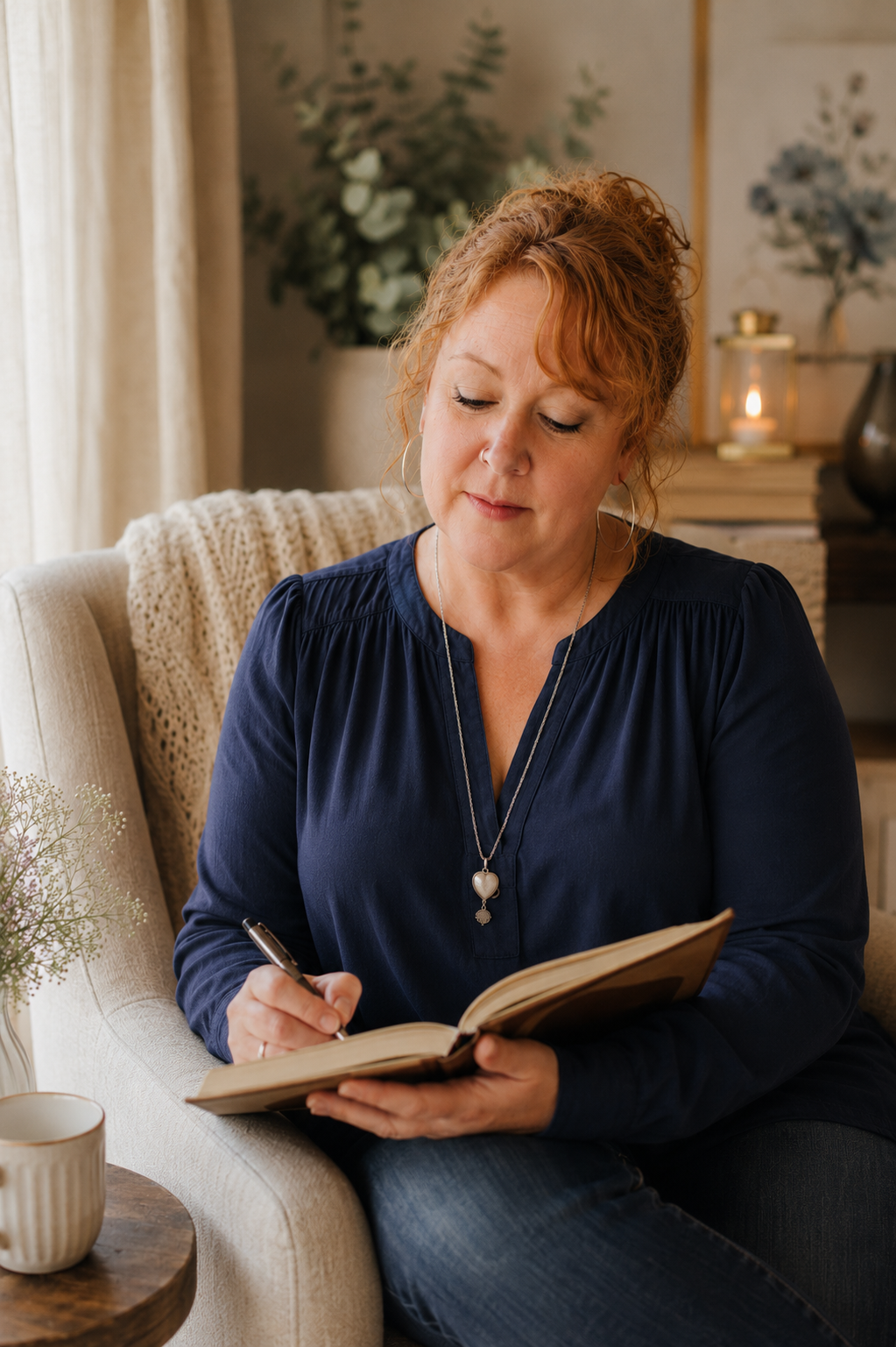 Summer Killebrew journaling in a warm, peaceful living room.