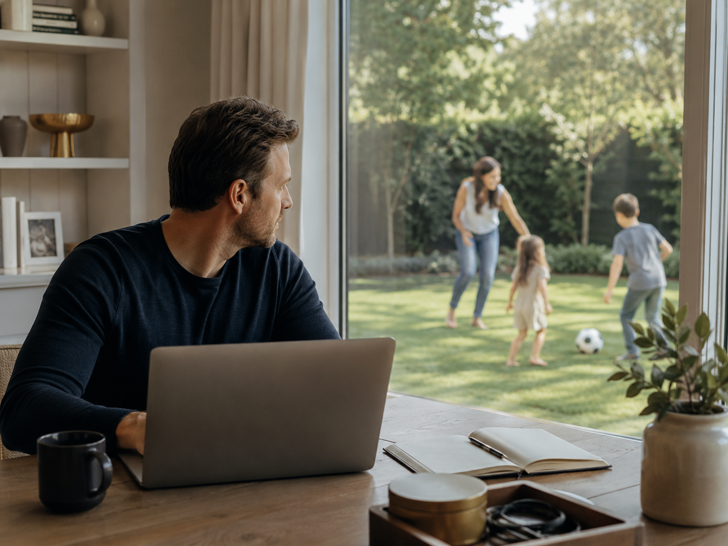 Entrepreneur working from home while his family spends time together outside.