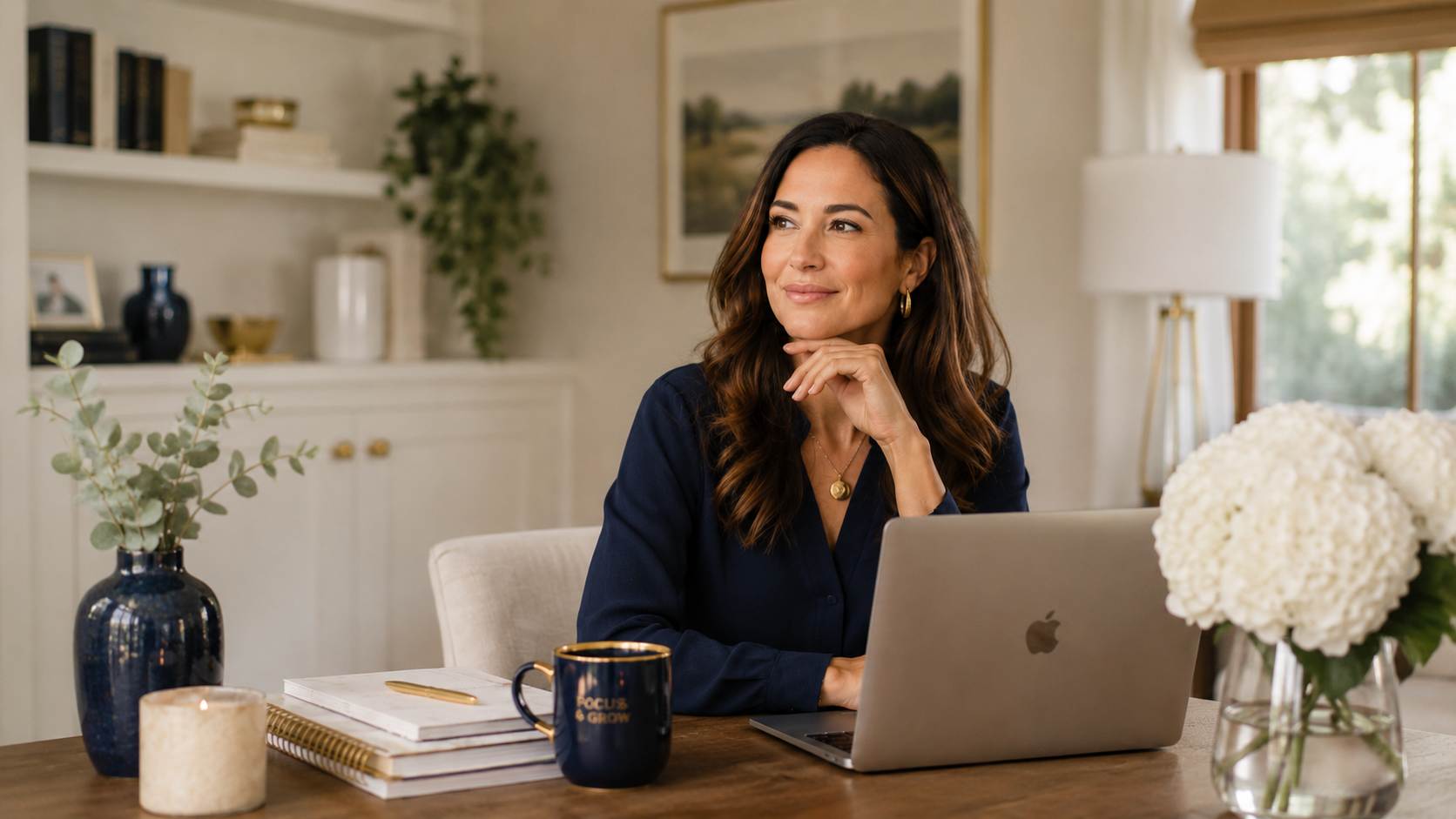 Woman entrepreneur working on a laptop at a bright home office table.