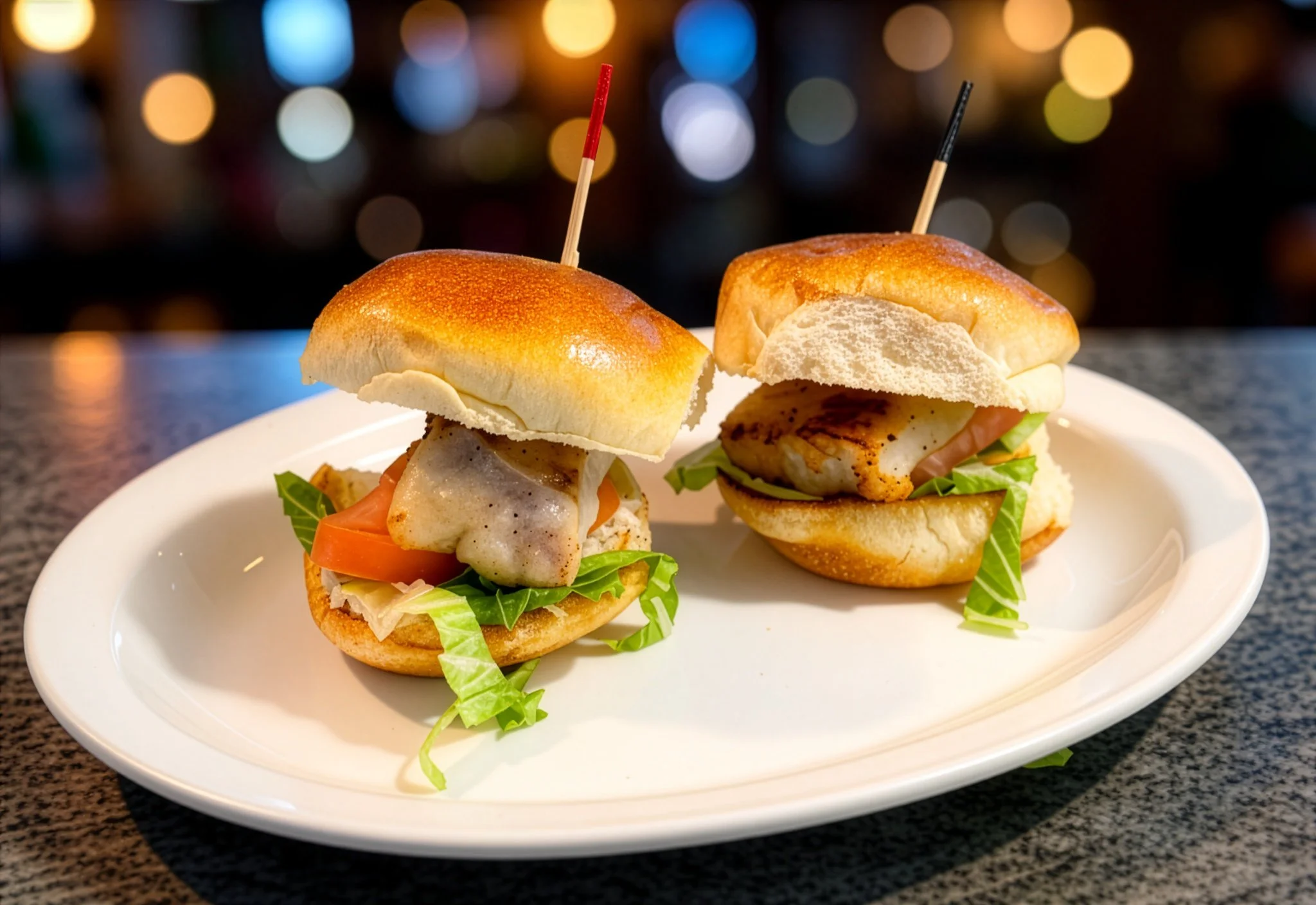 Two sandwiches on a white plate, each with a bun, lettuce, tomato, grilled chicken, and a skewer, with a blurred background of colorful lights.