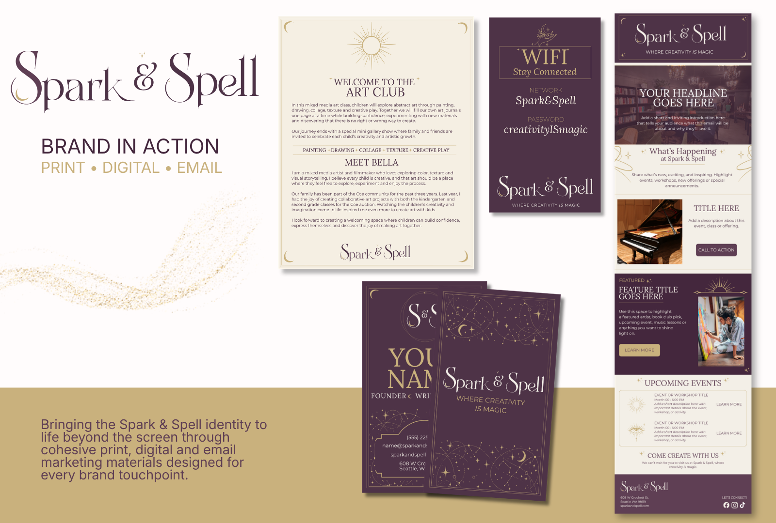 The visual identity was extended across email marketing, event materials, business cards and in-house collateral, creating a consistent experience at every brand touchpoint.
