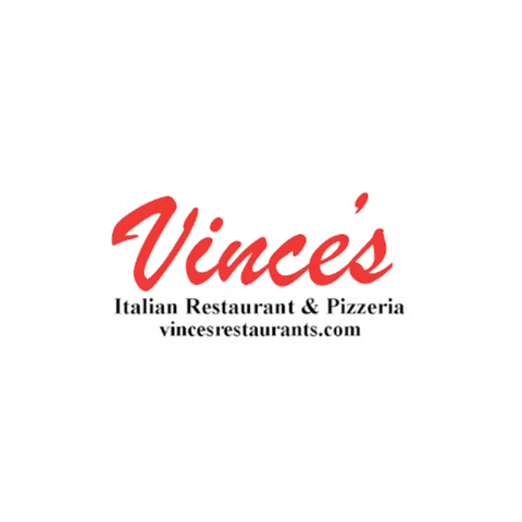 Vince's Italian Restaurant & Pizzeria logo with a white background and red and black text.