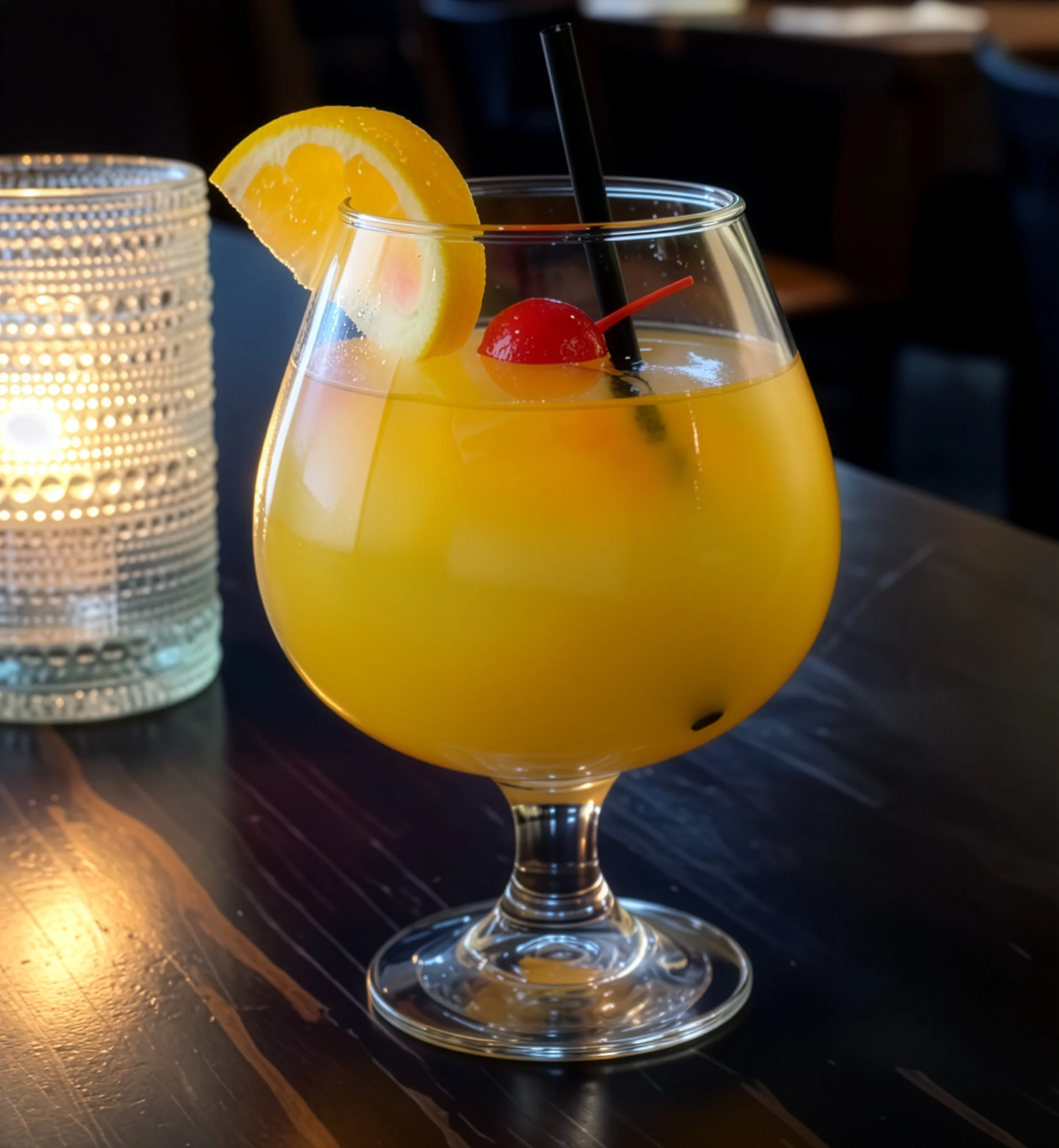 A yellow drink garnished with a lemon wedge and maraschino cherry in a wine glass with a black straw, placed on a dark wooden table.