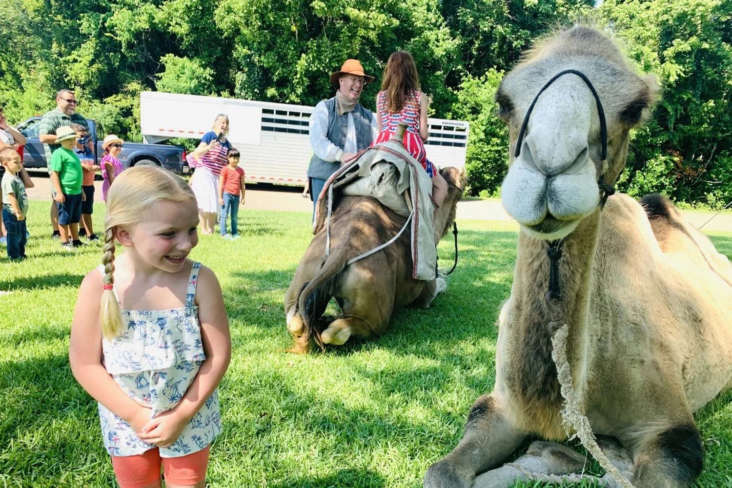 A group of children and adults at an outdoor petting zoo featuring camels. A young girl with blonde hair in a braid is smiling, standing on green grass. Two camels are visible: one sitting on the grass with a person riding on it, and another close-up with a large face and nose. In the background, there are trees and a truck.