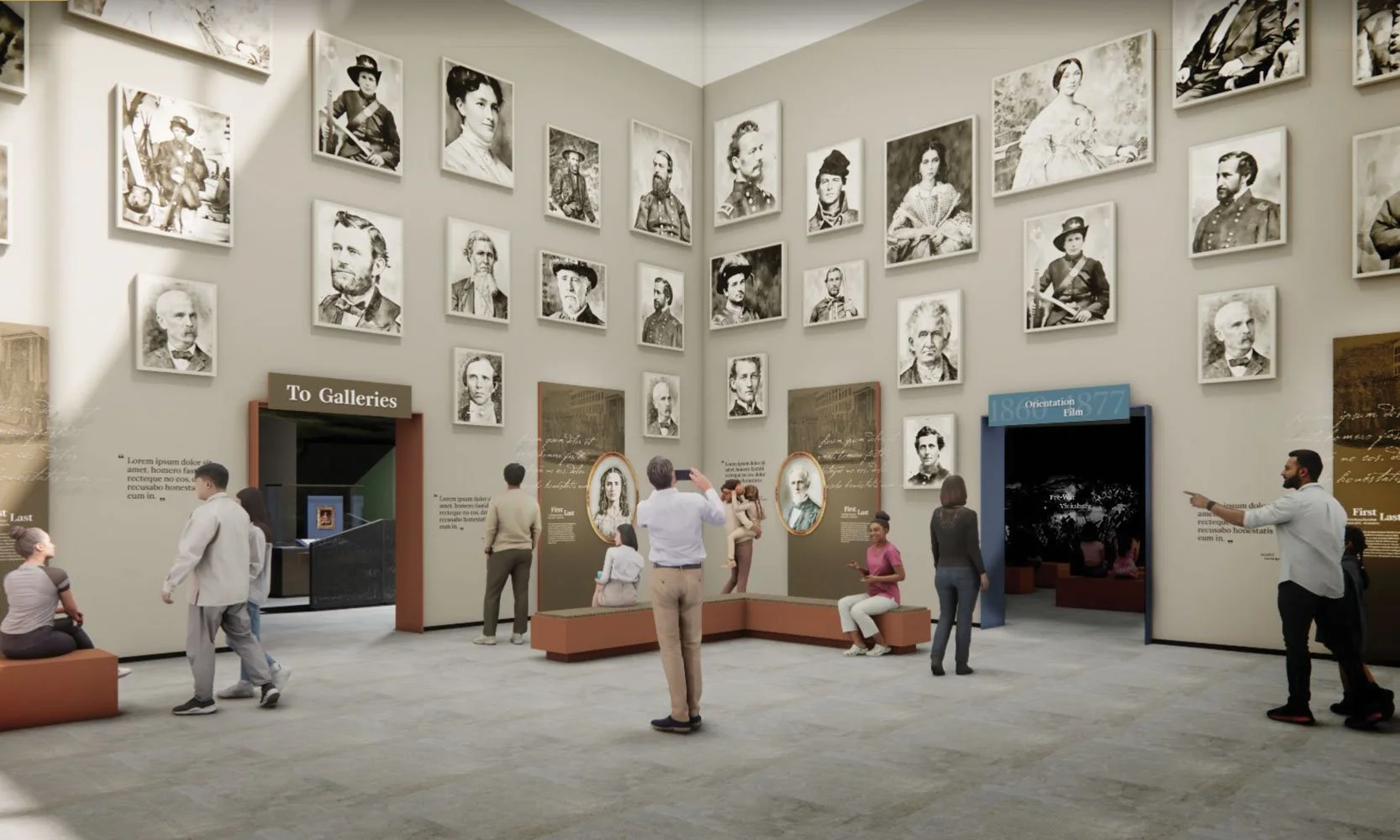 Museum exhibit with black and white portraits of historical figures on a beige wall and visitors observing and taking photos.