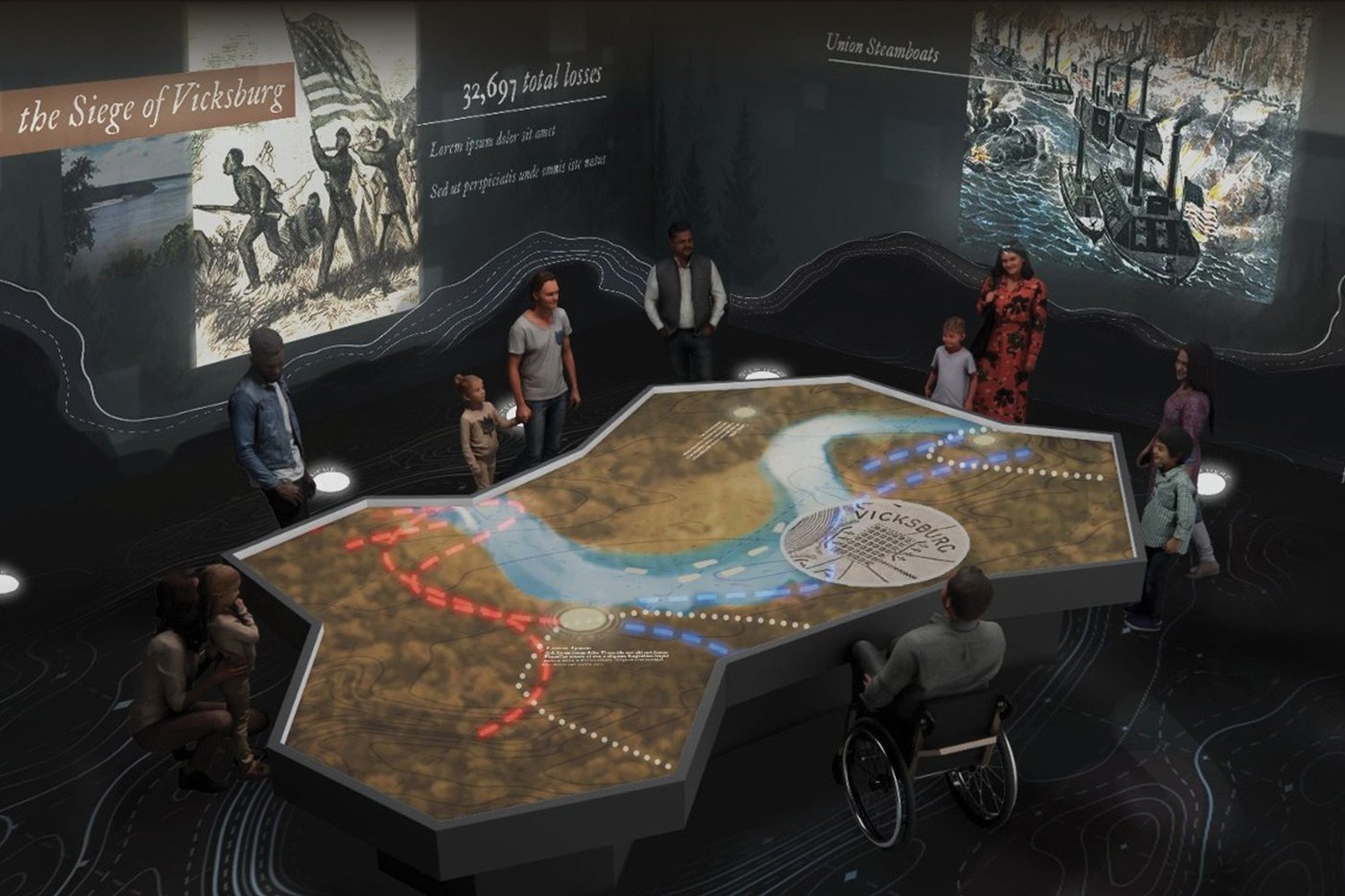 Museum exhibit featuring a large interactive map of Vicksburg, with visitors including children, adults, and a person in a wheelchair, observing the display. Murals and historical illustrations related to the Siege of Vicksburg and Union steamboats are visible on the walls.
