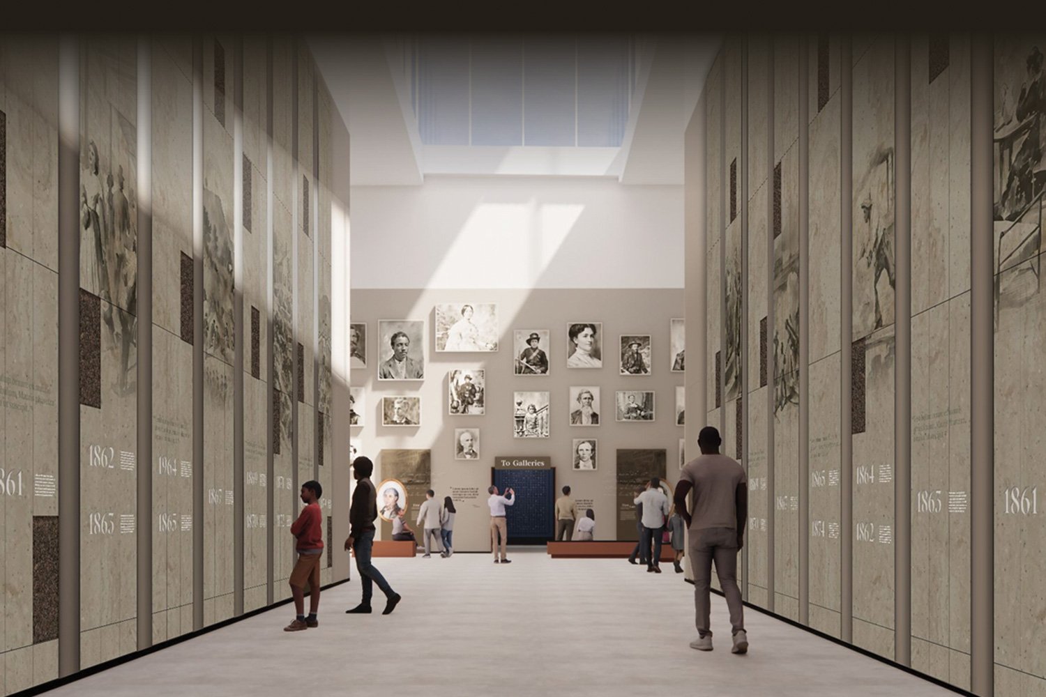 View of an art gallery interior with high ceiling, marble walls displaying figures and text, and a skylight. Visitors are observing portraits and exhibits on the walls.