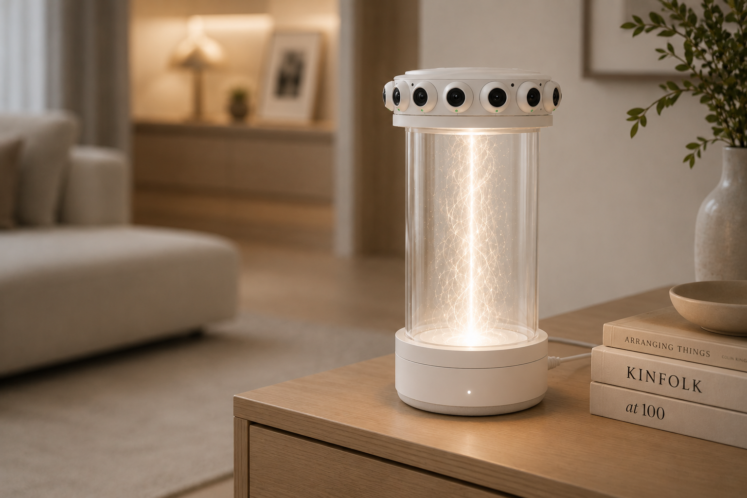 Modern lamp with multiple cameras or sensors on top, placed on a wooden table next to a stack of books and a small bowl, in a cozy living room setting.