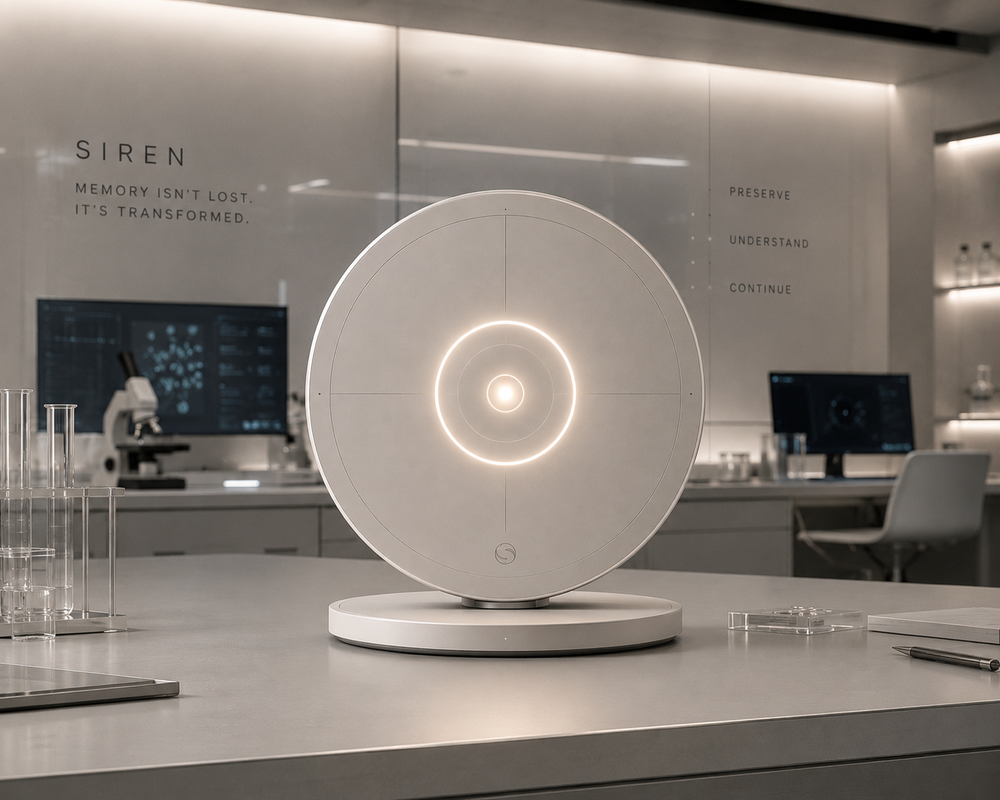 A sleek, modern device with concentric illuminated circles on a stand, placed on a lab counter in a scientific laboratory.
