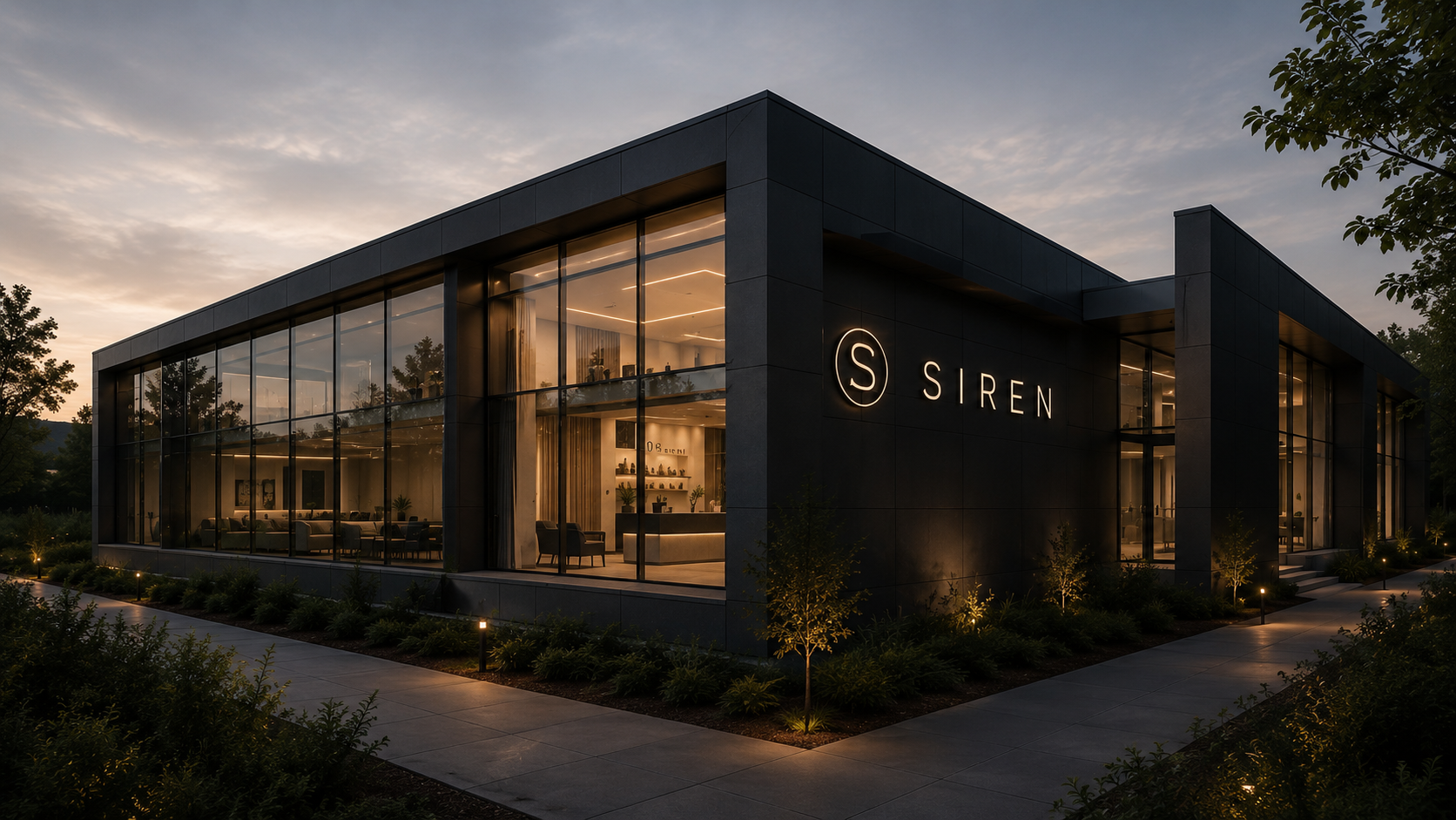 Modern building with large glass windows and illuminated sign that reads 'SIREN' during dusk. The building is surrounded by landscaped greenery and pathway lighting.