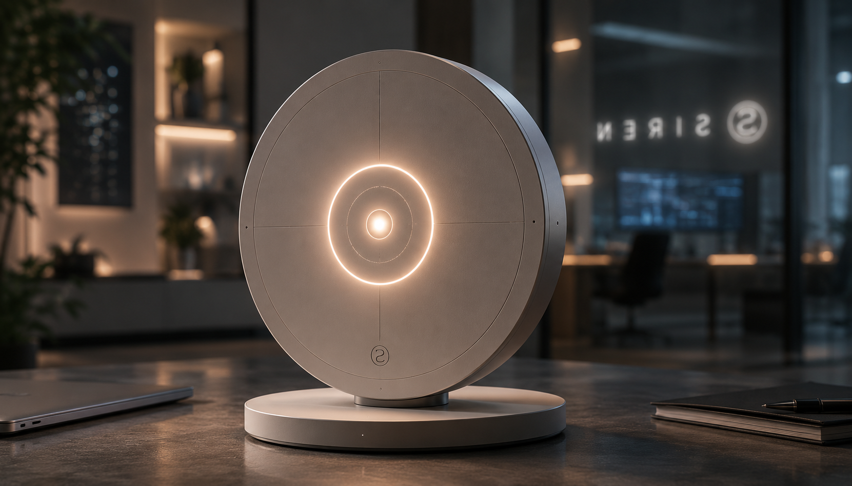 A modern, sleek, illuminated circular device with concentric glowing rings, placed on a table in an office setting.