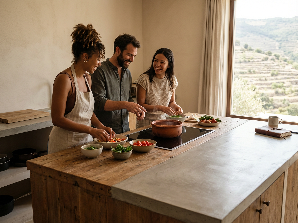 Three people preparing a meal together in a kitchen with a large window.