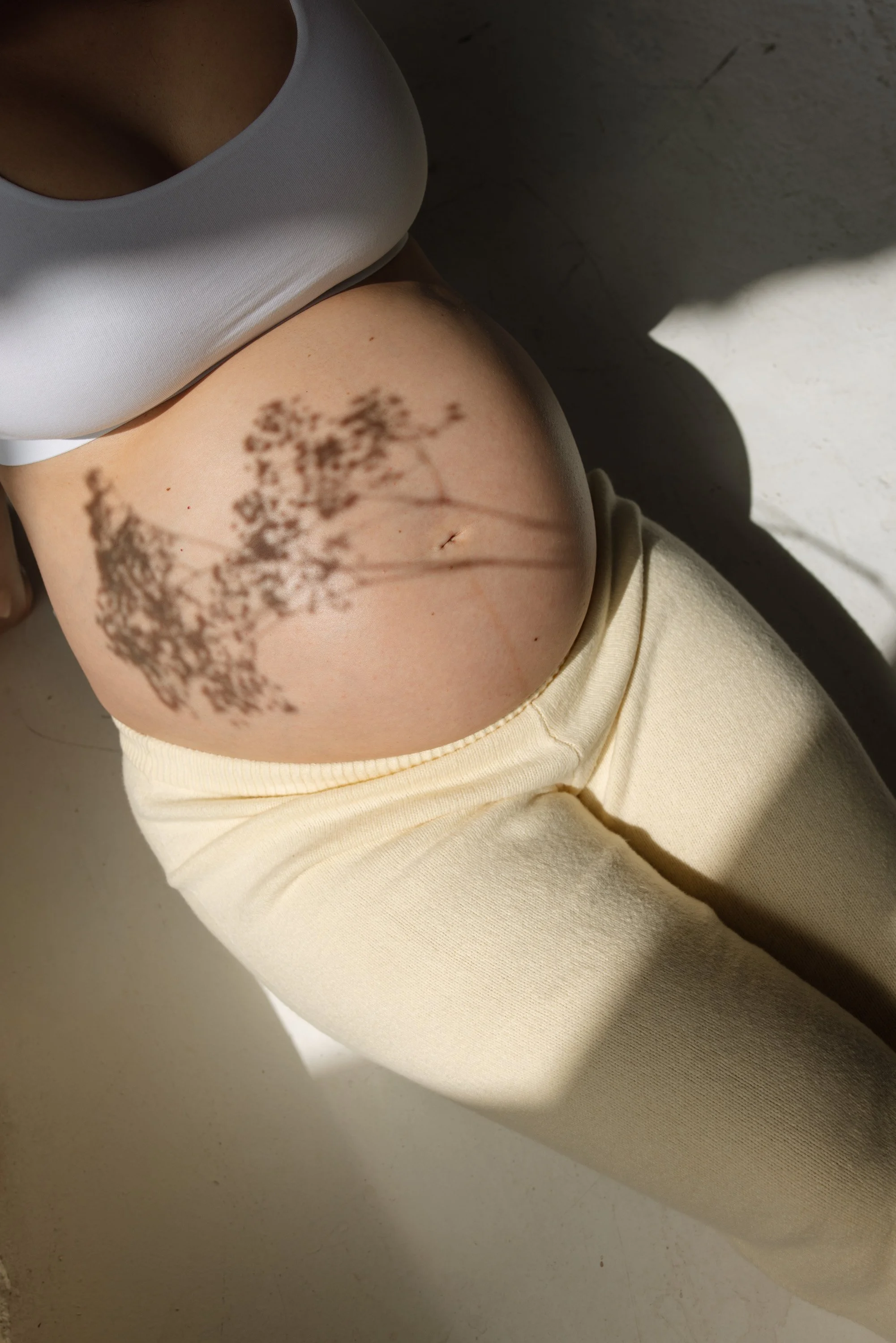 Close-up of a pregnant woman's belly with shadow of dried flowers cast on it, wearing a white top and beige pants. luxury studio maternity photographer in Austin 