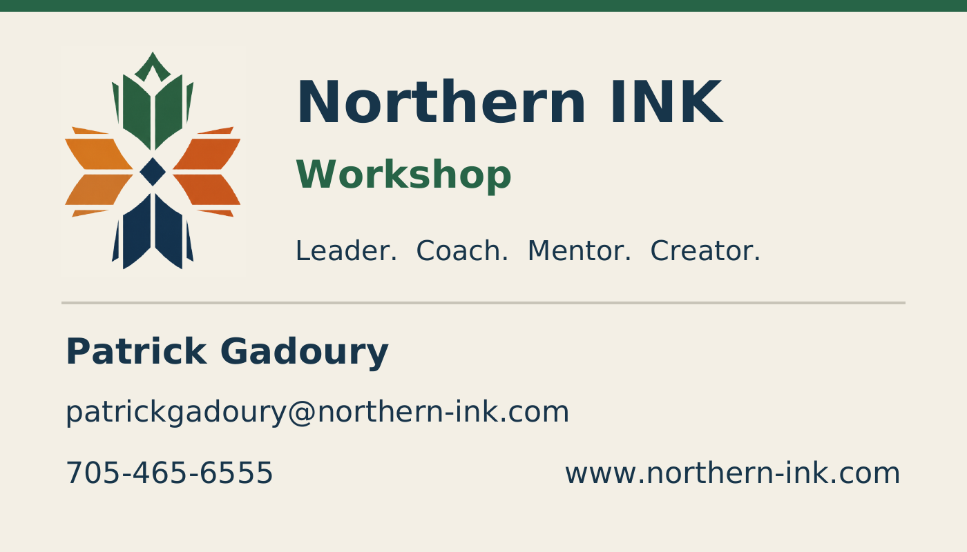 Northern INK Workshop business card — Patrick Gadoury, leader, coordinator and coach. patrickgadoury@northern-ink.com, 705-465-6555.