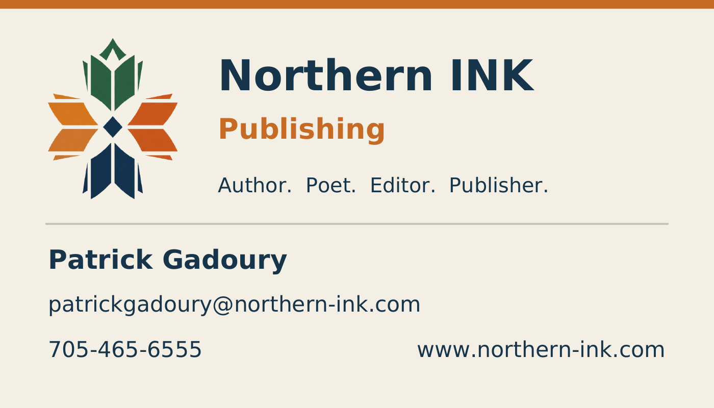 Northern INK Publishing business card — Patrick Gadoury, author, poet, editor and publisher. patrickgadoury@northern-ink.com, 705-465-6555.