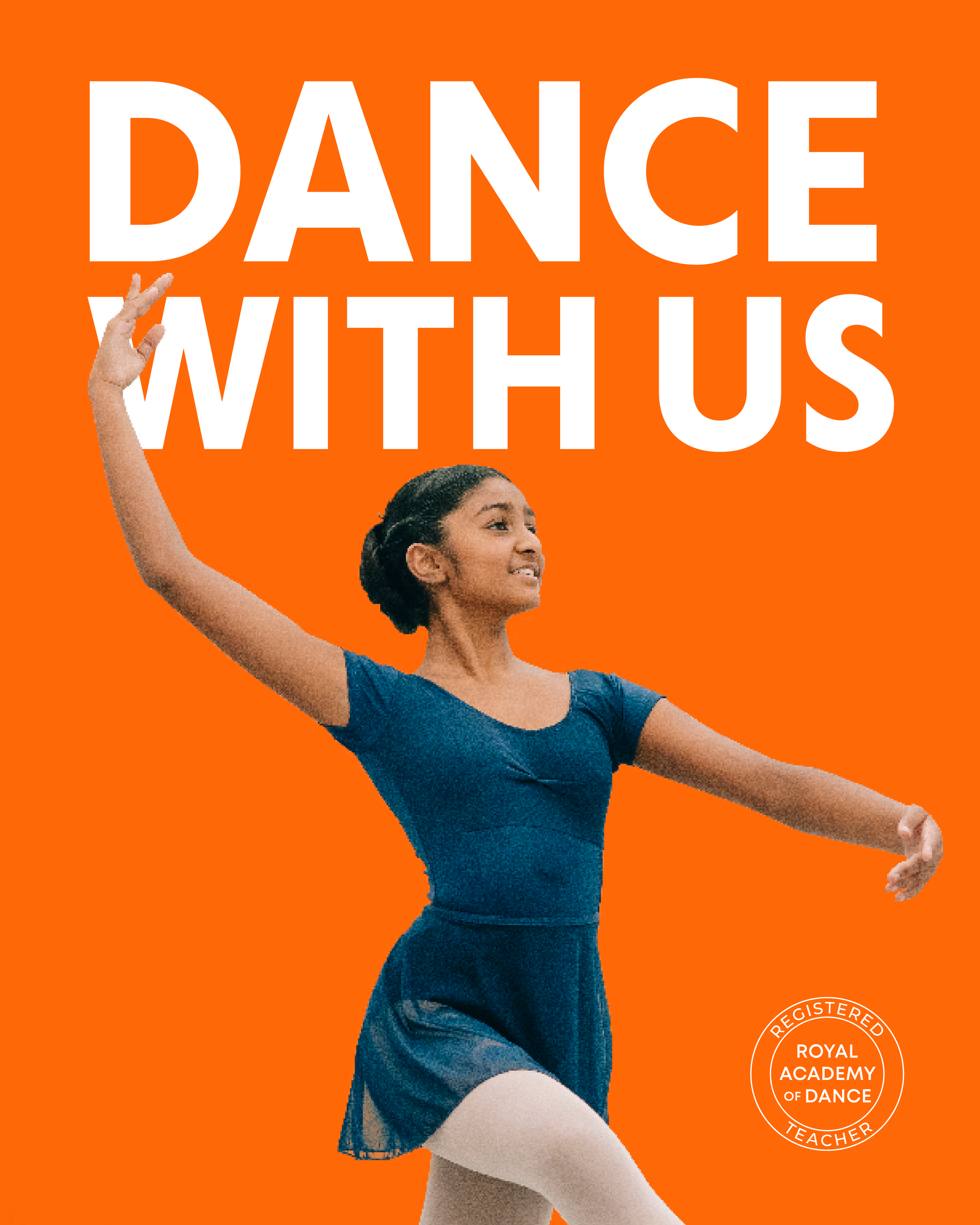A young female ballet dancer practicing dance on bright orange background. She is wearing a blue leotard and black skirt, with one arm raised and a focused expression.