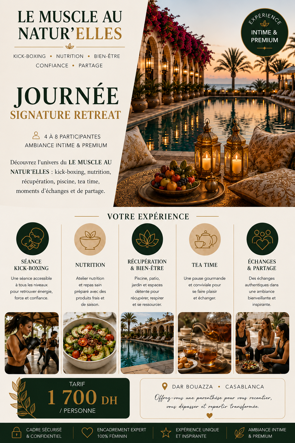 Journée Signature Retreat au Muscle au Natur'Elles — 1 700 DH, kick-boxing, nutrition, piscine et bien-être à Dar Bouazza, de 4 à 8 participantes, ambiance intime et premium.