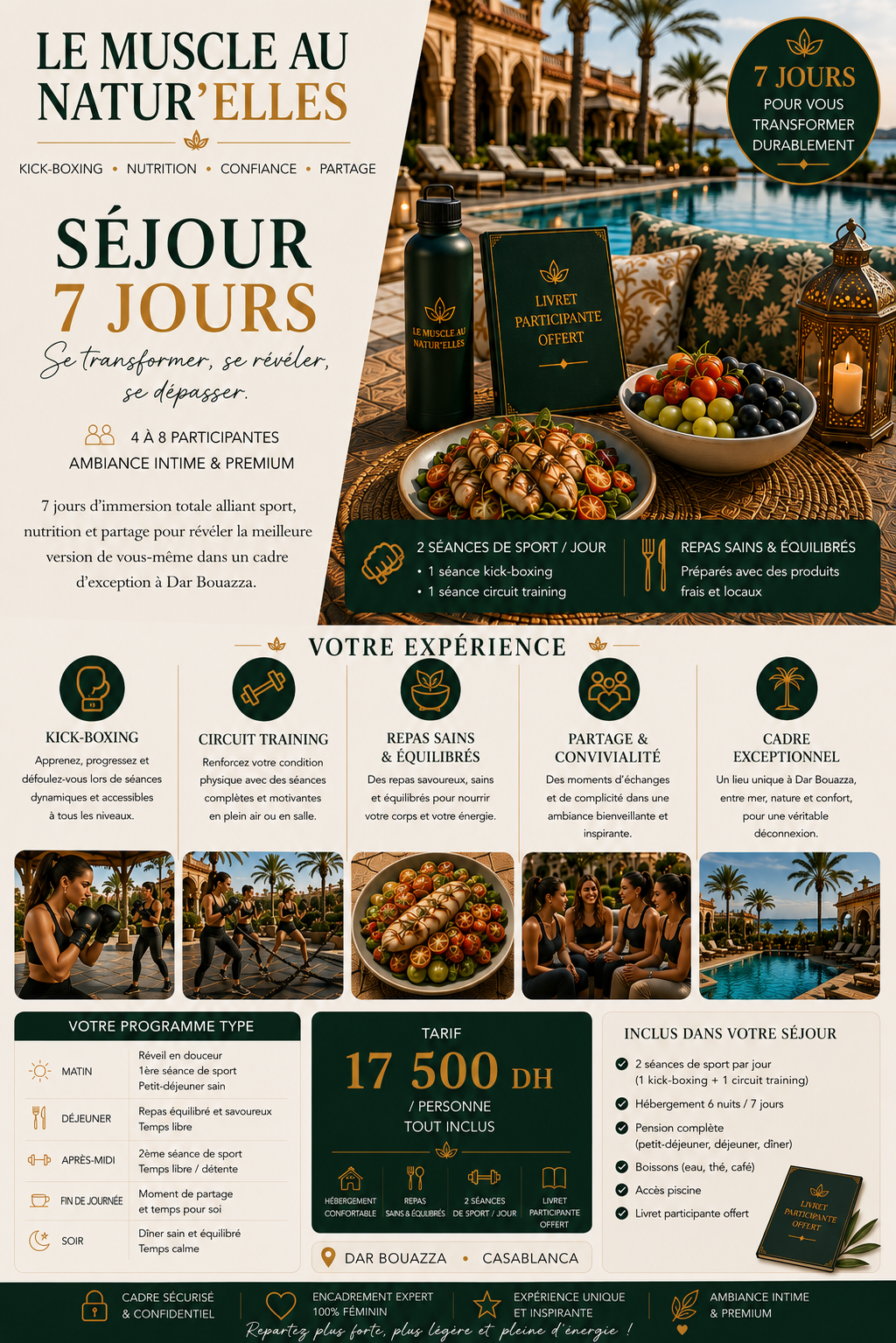 Séjour Signature 7 jours au Muscle au Natur'Elles — 17 500 DH, kick-boxing, bien-être, nutrition et transformation personnelle à Dar Bouazza, dans une expérience immersive réservée aux femmes.